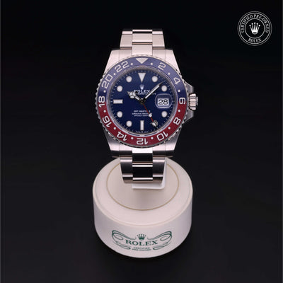 Rolex Certified Pre-owned GMT M126719BLRO-0003 front on black background