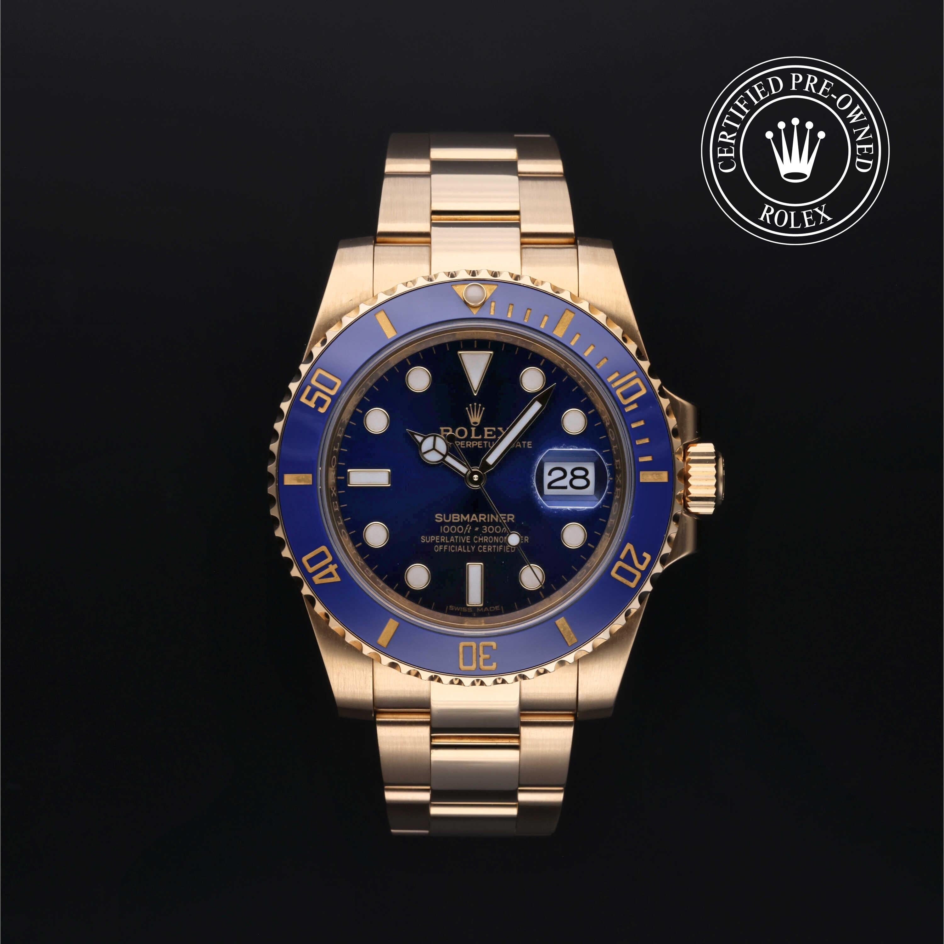 Rolex Certified Pre-owned Submariner M116618LB-0003 front on black background