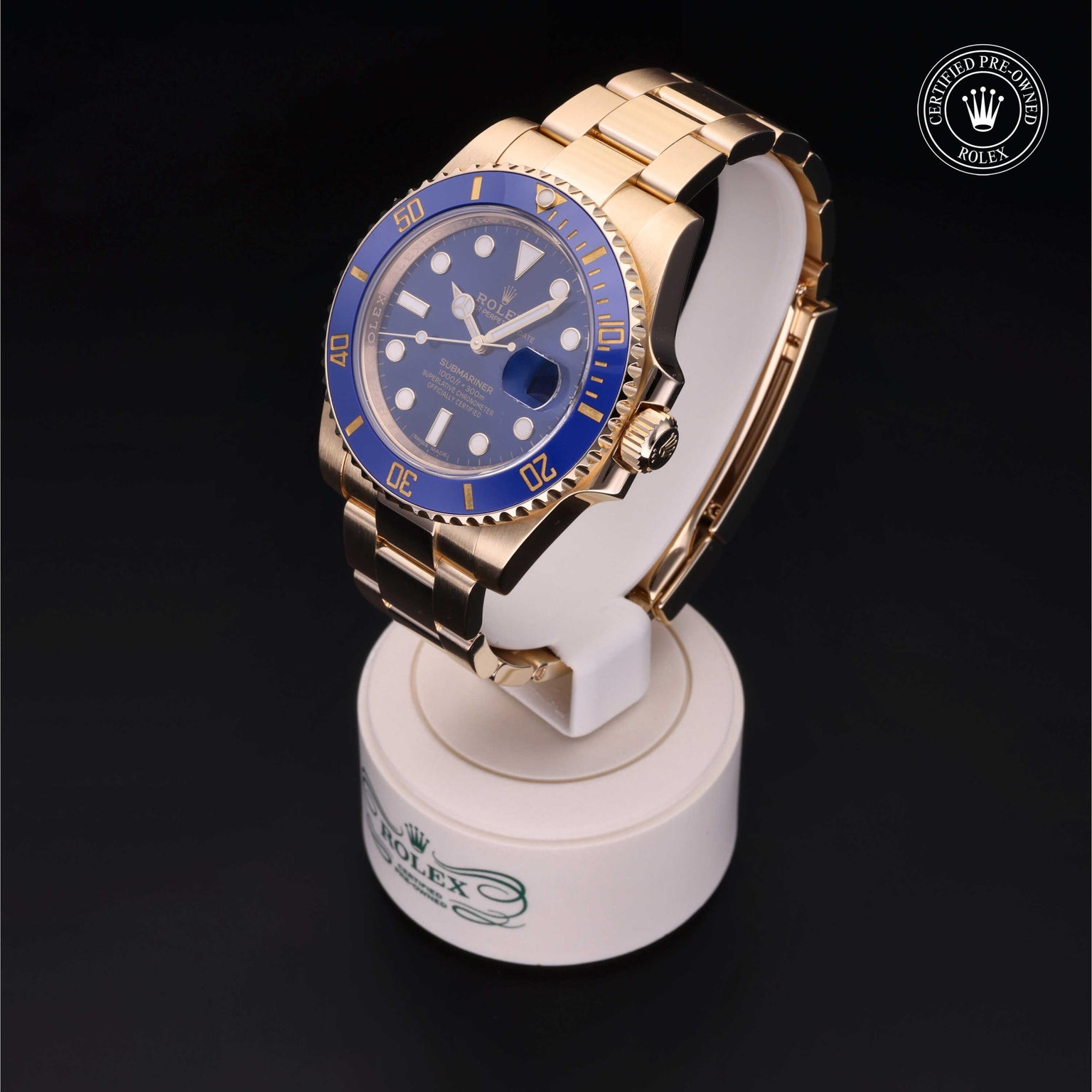 Rolex Certified Pre-owned Submariner M116618LB-0003 front on black background