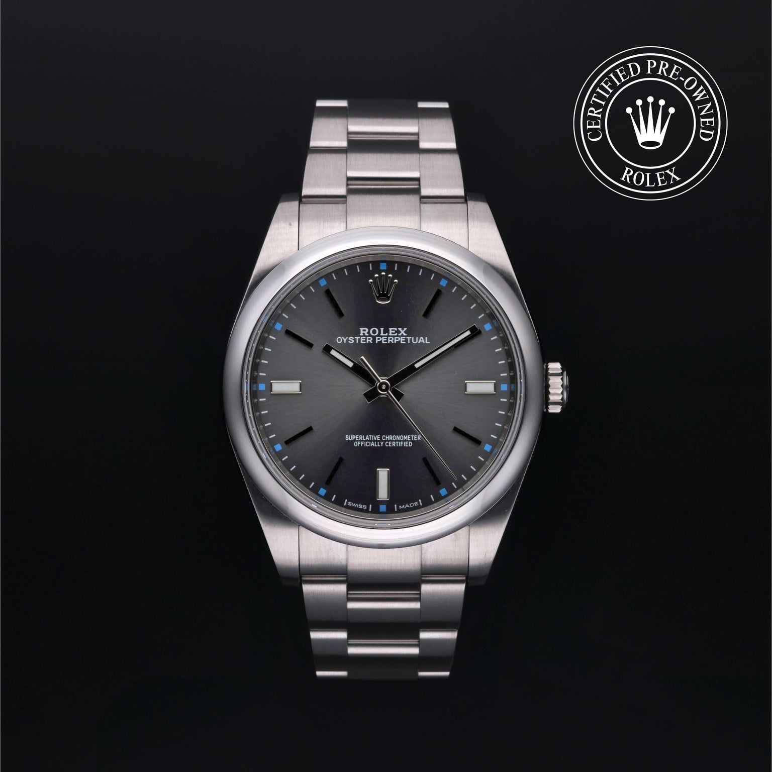 Rolex Certified Pre-owned Oyster Perpetual M114300-0001 front on black background