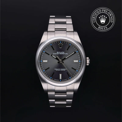 Rolex Certified Pre-owned Oyster Perpetual M114300-0001 front on black background