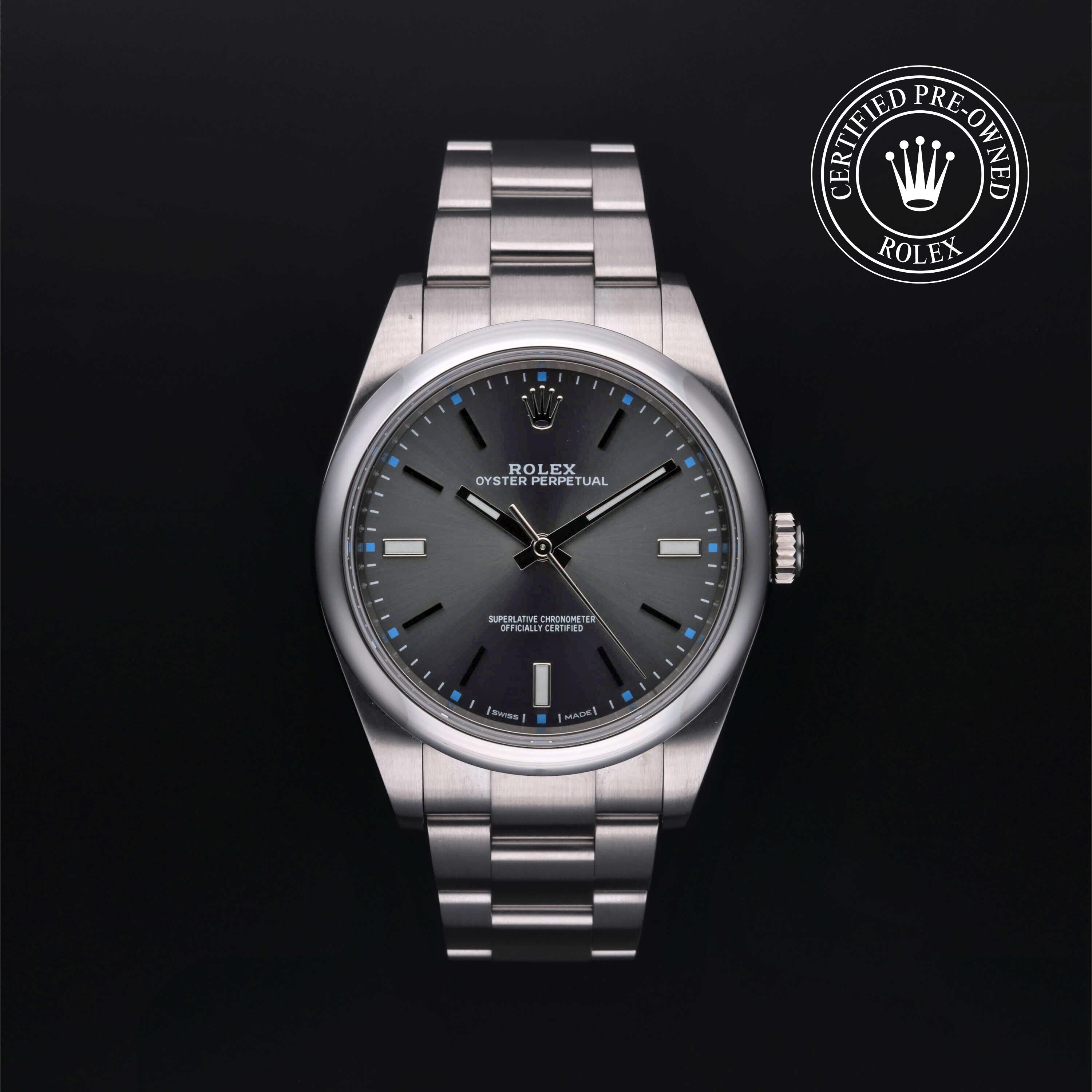 Rolex Certified Pre-owned Oyster Perpetual M114300-0001 front on black background