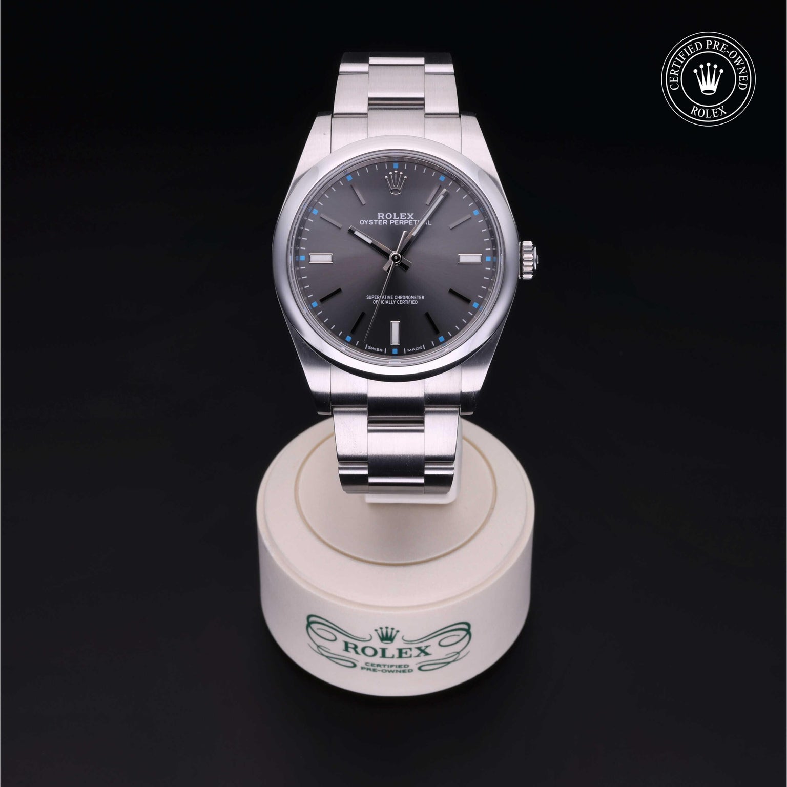Rolex Certified Pre-owned Oyster Perpetual M114300-0001 front on black background
