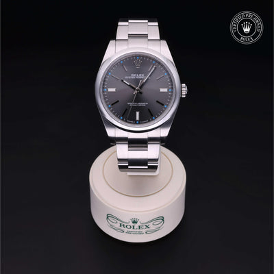 Rolex Certified Pre-owned Oyster Perpetual M114300-0001 front on black background