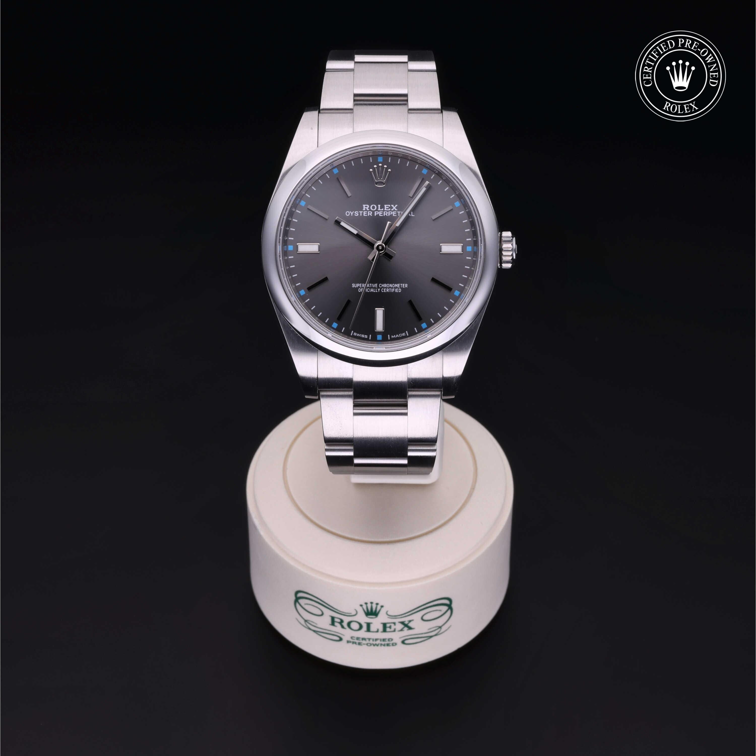 Rolex Certified Pre-owned Oyster Perpetual M114300-0001 front on black background