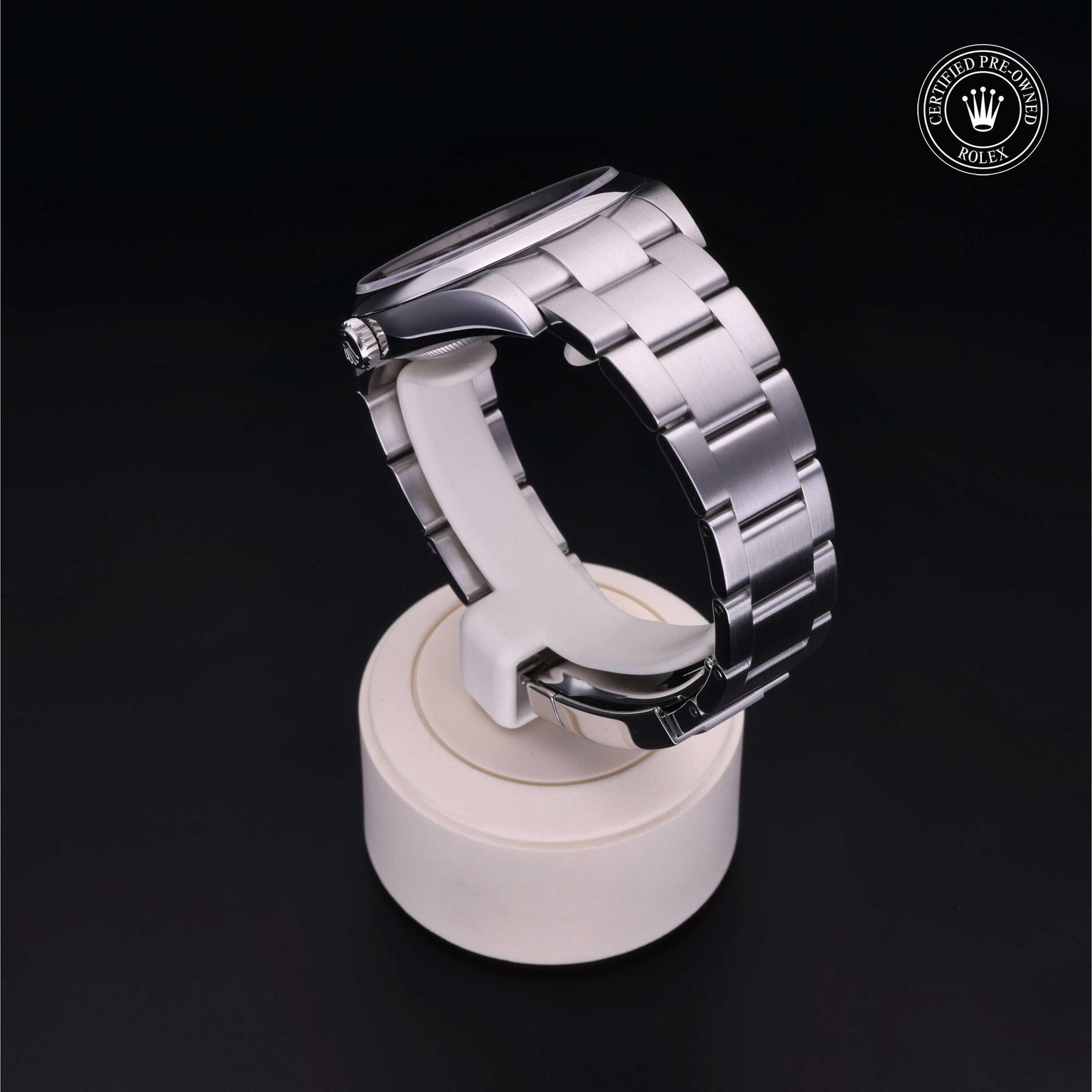 Rolex Certified Pre-owned Oyster Perpetual M114300-0001 front on black background