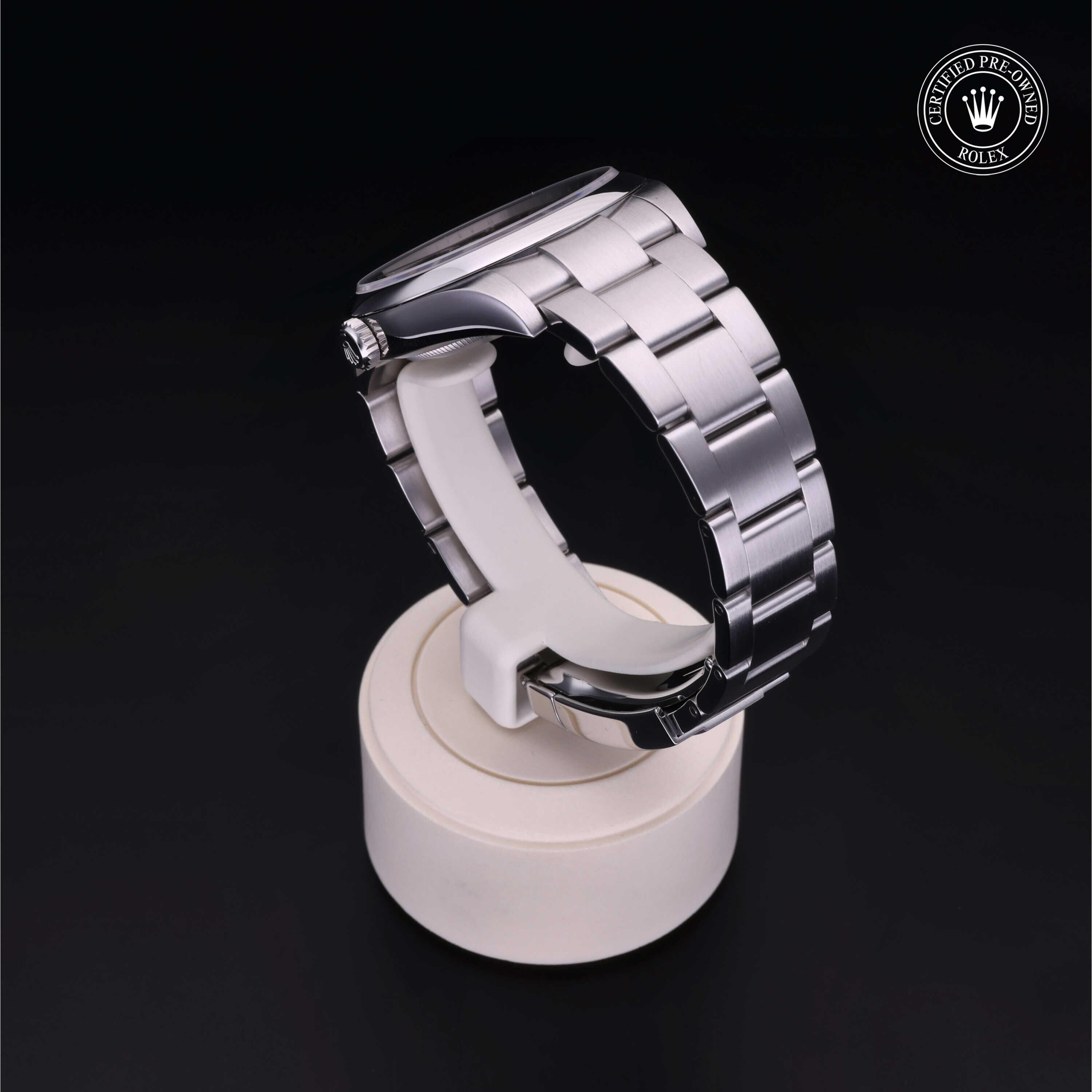 Rolex Certified Pre-owned Oyster Perpetual M114300-0001 front on black background