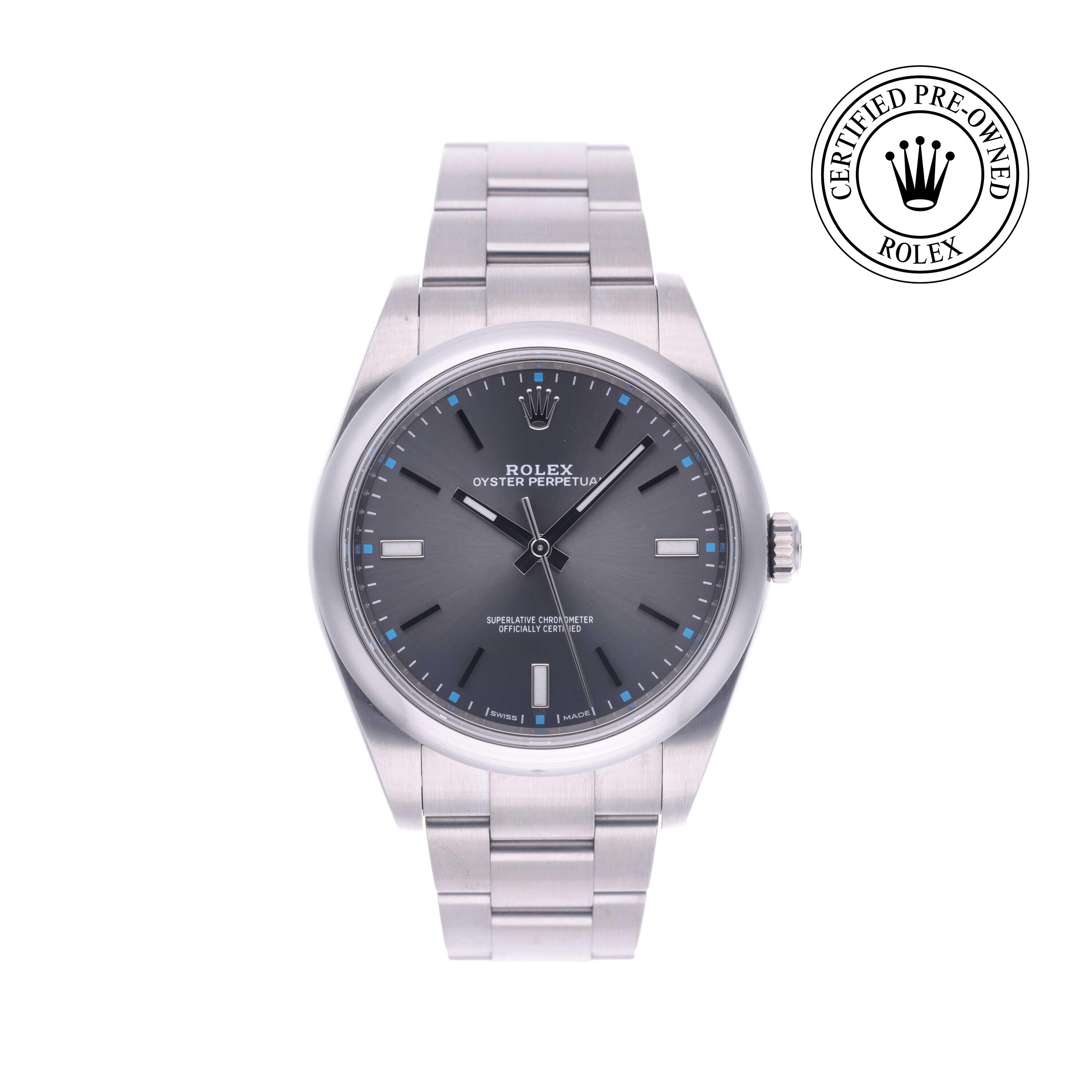 Rolex Certified Pre-owned Oyster Perpetual M114300-0001 front on white background