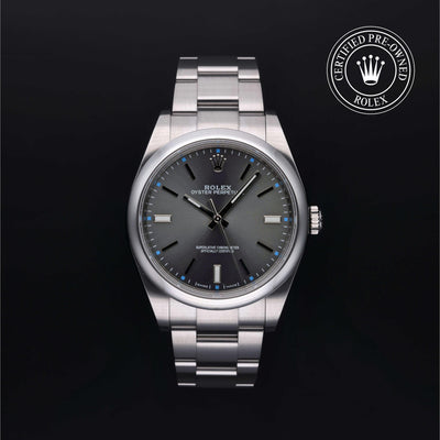 Rolex Certified Pre-owned Oyster Perpetual M114300-0001 front on black background
