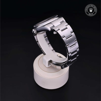 Rolex Certified Pre-owned Oyster Perpetual M114300-0001 front on black background