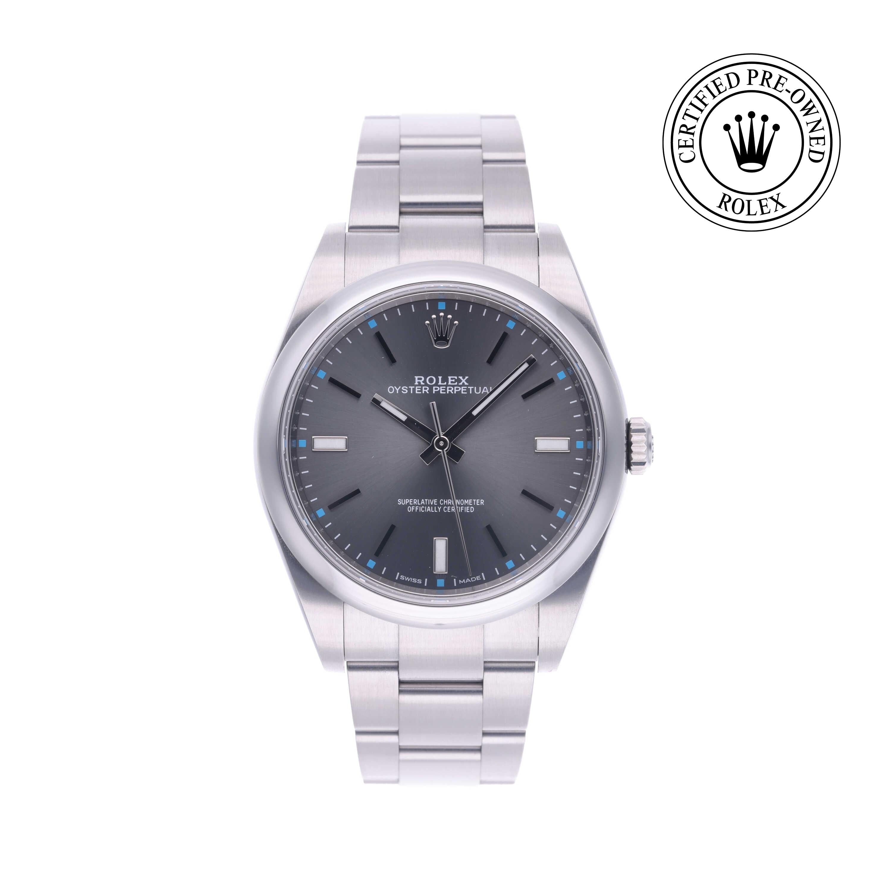 Rolex Certified Pre-owned Oyster Perpetual M114300-0001 front on white background