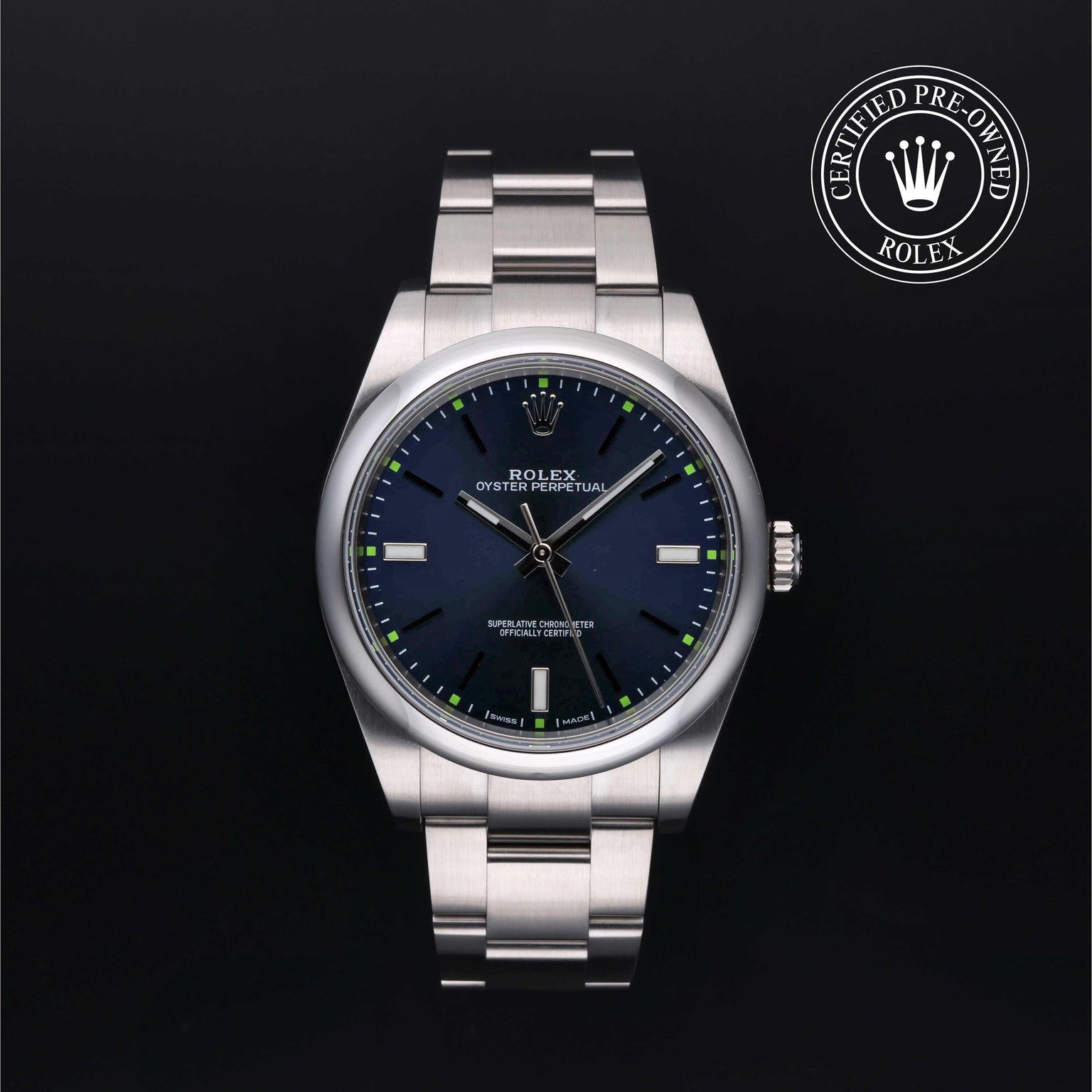 Rolex Certified Pre-owned Oyster Perpetual M114300-0003 front on black background