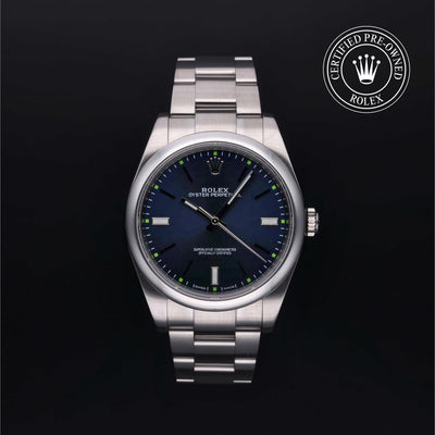 Rolex Certified Pre-owned Oyster Perpetual M114300-0003 front on black background