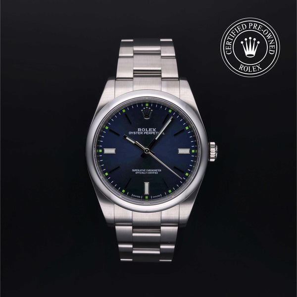 Rolex Certified Pre-owned Oyster Perpetual M114300-0003 front on black background
