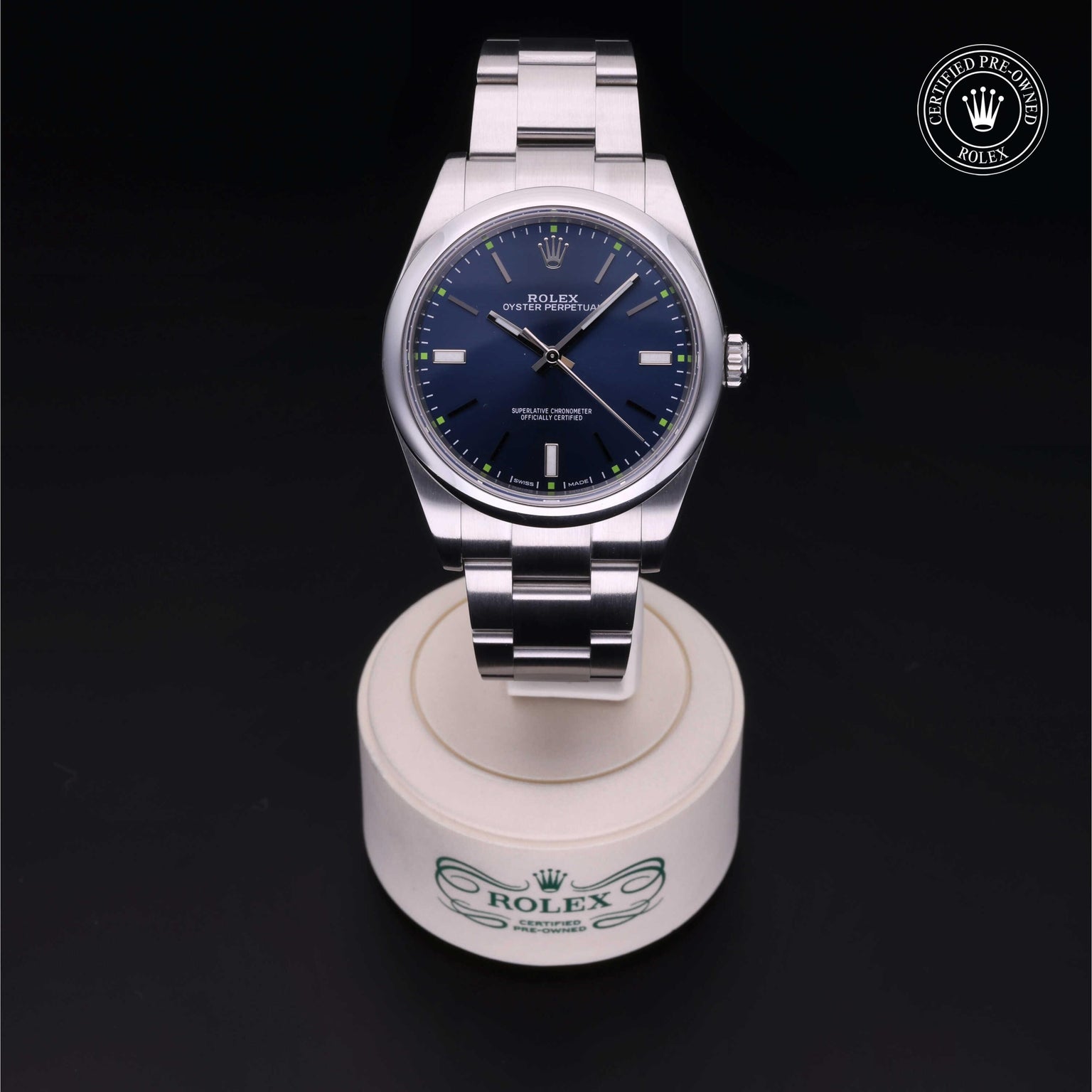 Rolex Certified Pre-owned Oyster Perpetual M114300-0003 front on black background