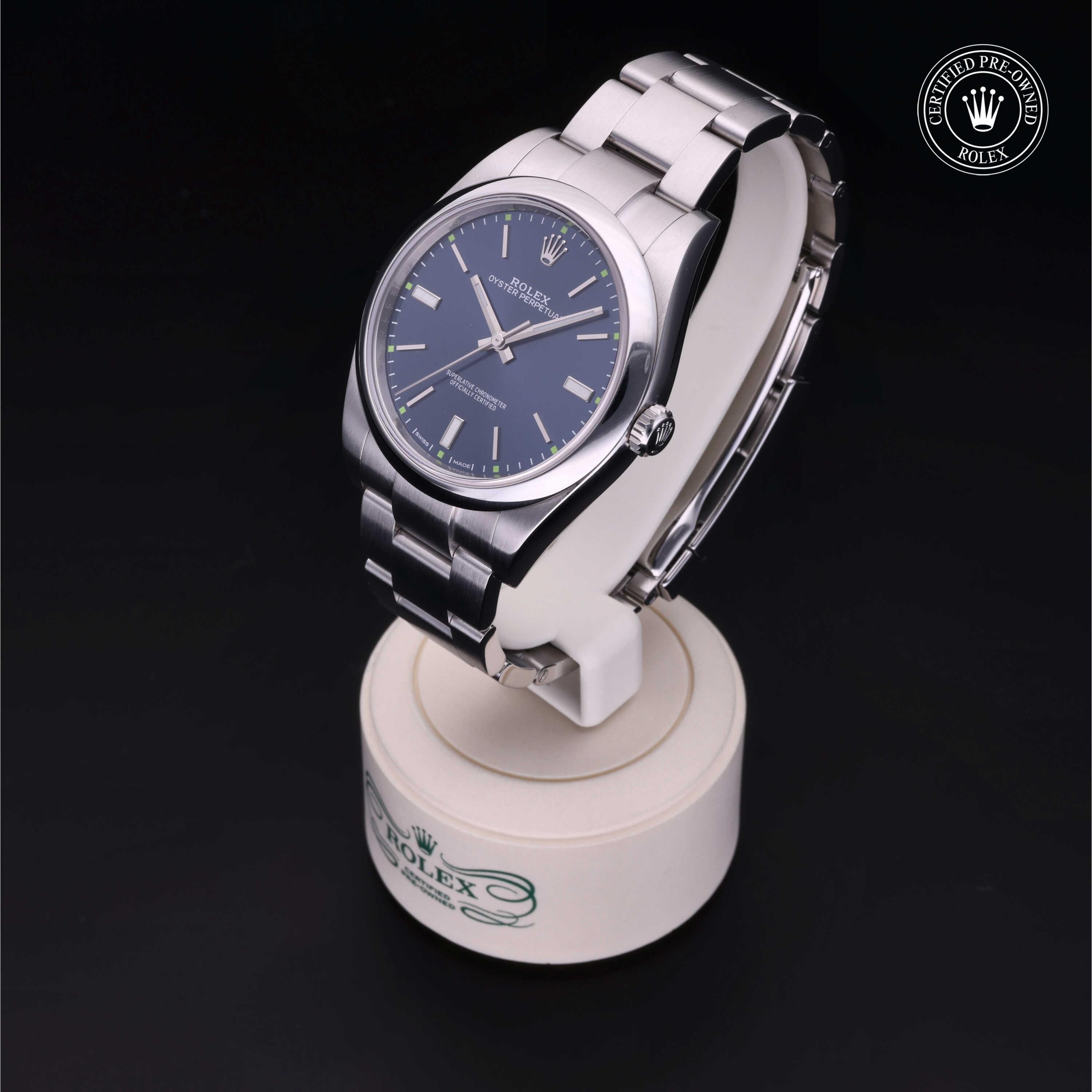 Rolex Certified Pre-owned Oyster Perpetual M114300-0003 front on black background