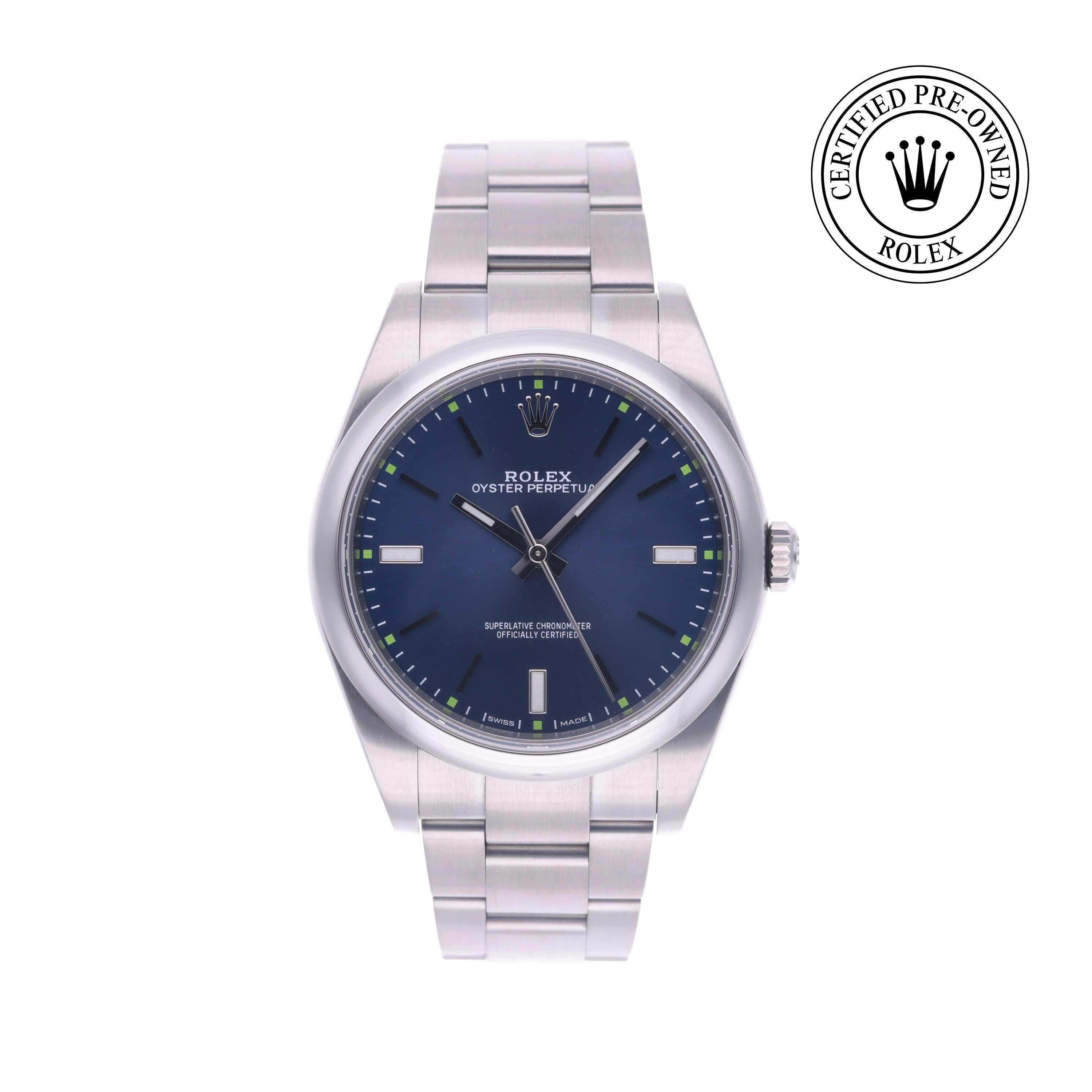 Rolex Certified Pre-owned Oyster Perpetual M114300-0003 front on white background