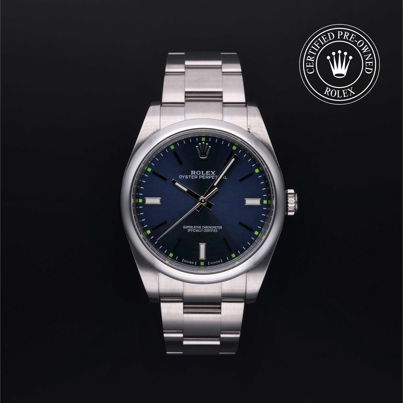 Rolex Certified Pre-owned Oyster Perpetual M114300-0003 front on black background