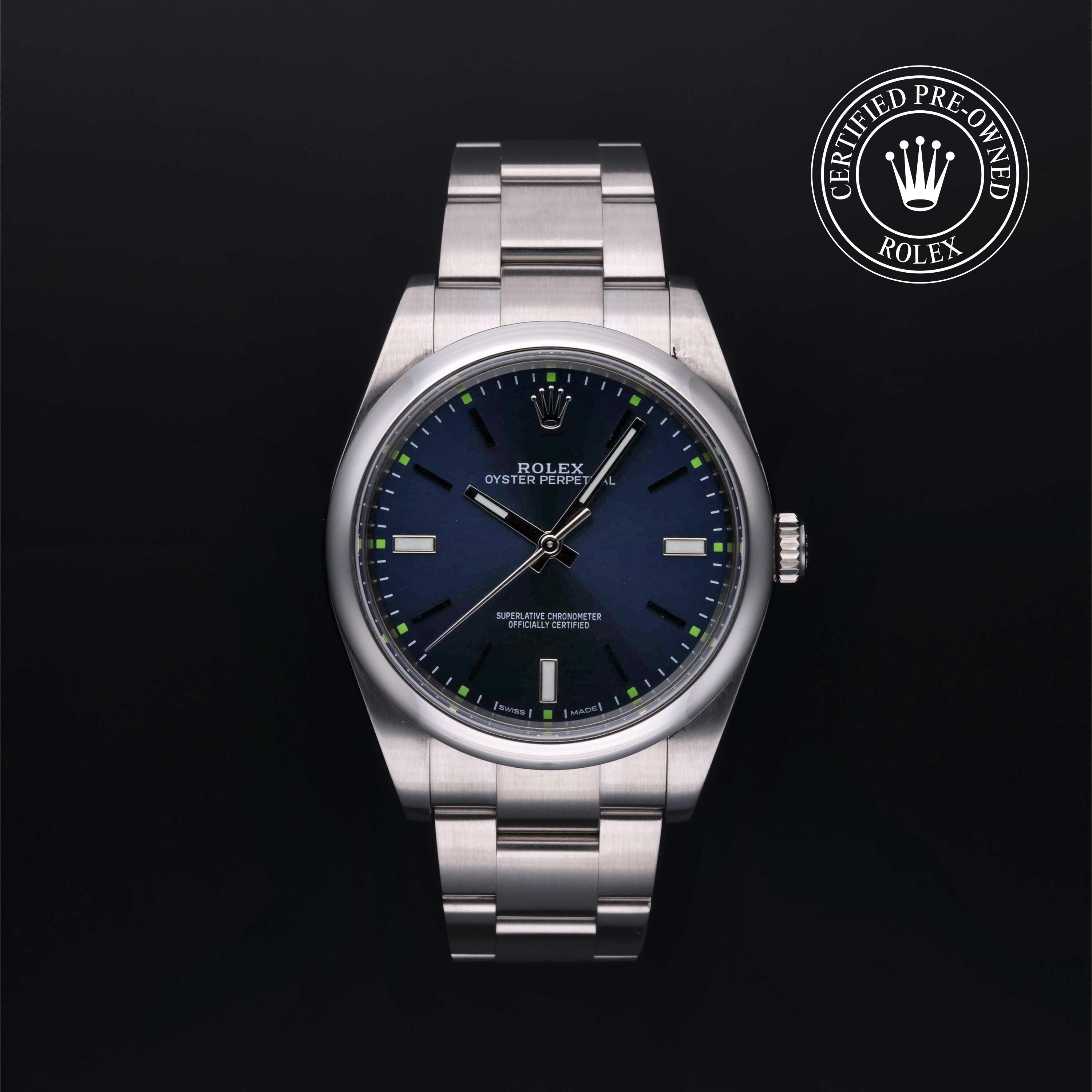 Rolex Certified Pre-owned Oyster Perpetual M114300-0003 front on black background