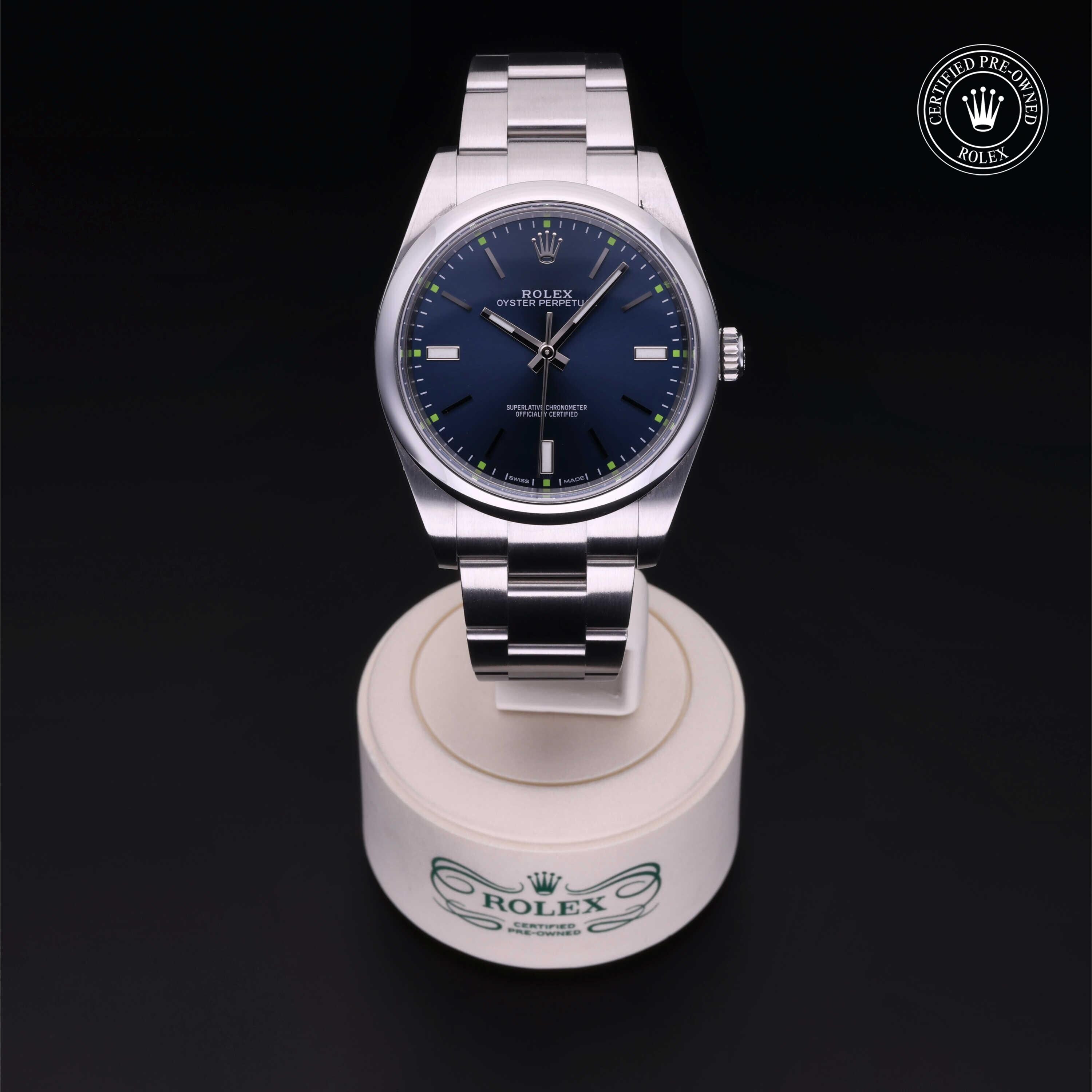 Rolex Certified Pre-owned Oyster Perpetual M114300-0003 front on black background