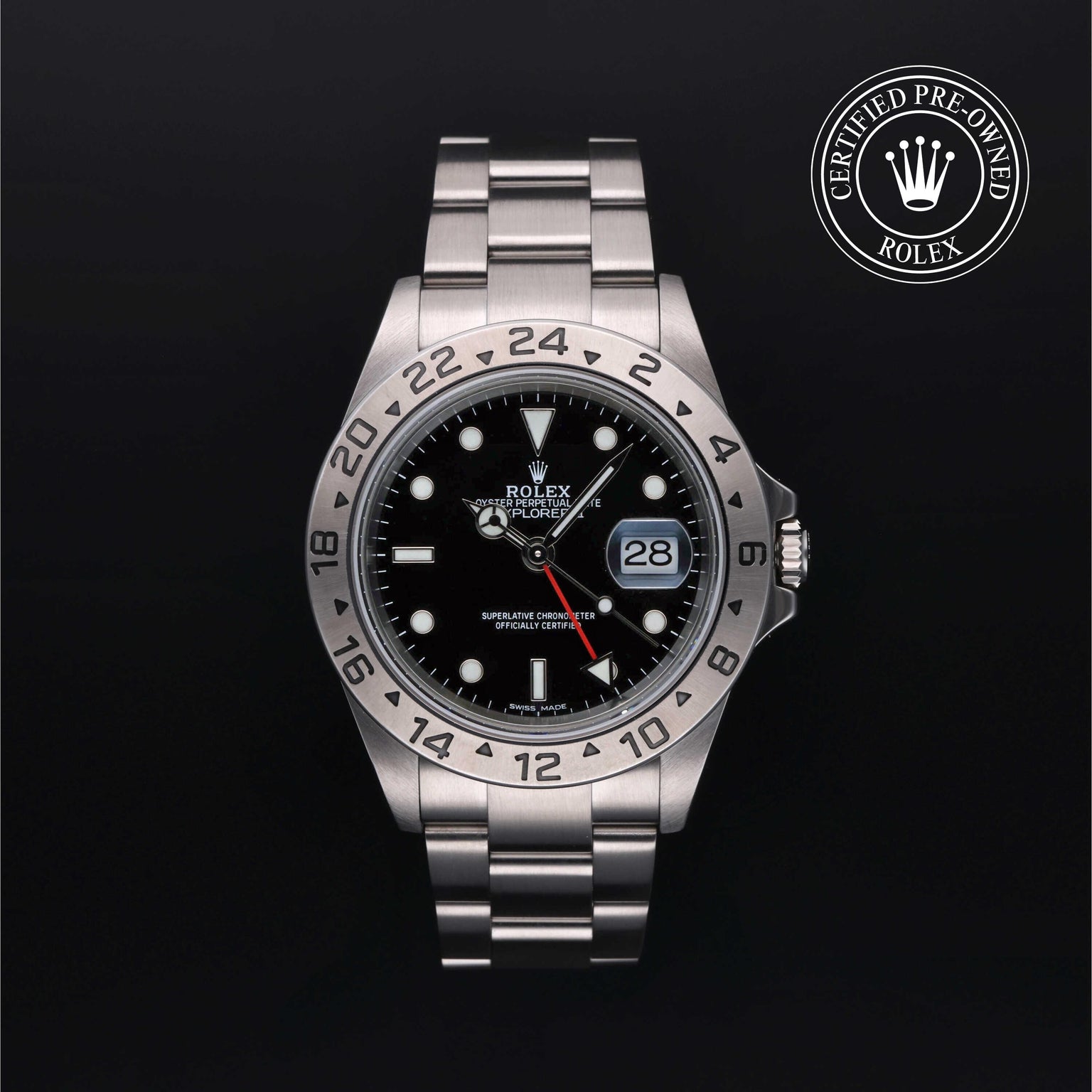 Rolex Certified Pre-owned Explorer M16570-0005 front on black background