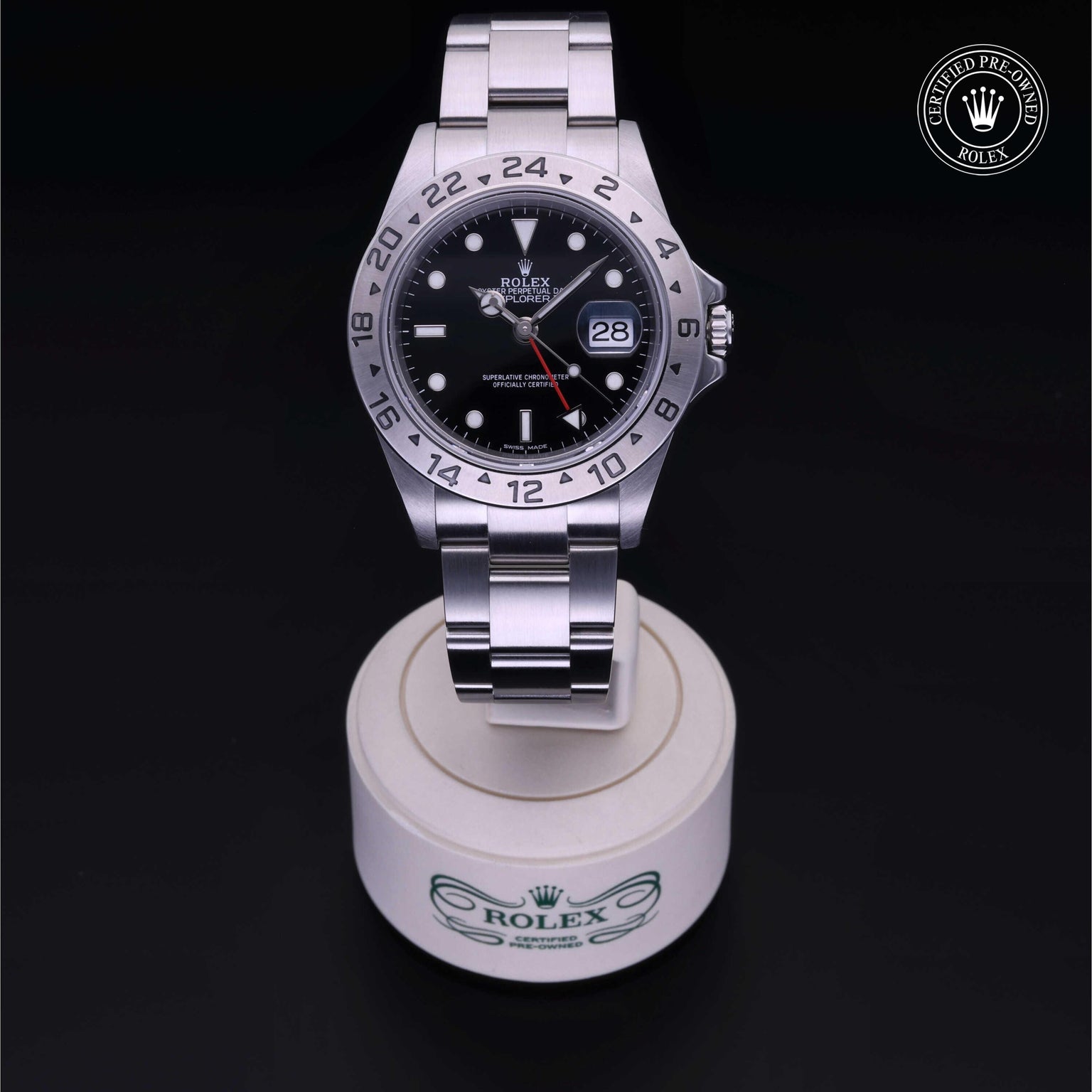 Rolex Certified Pre-owned Explorer M16570-0005 front on black background