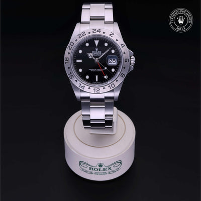 Rolex Certified Pre-owned Explorer M16570-0005 front on black background