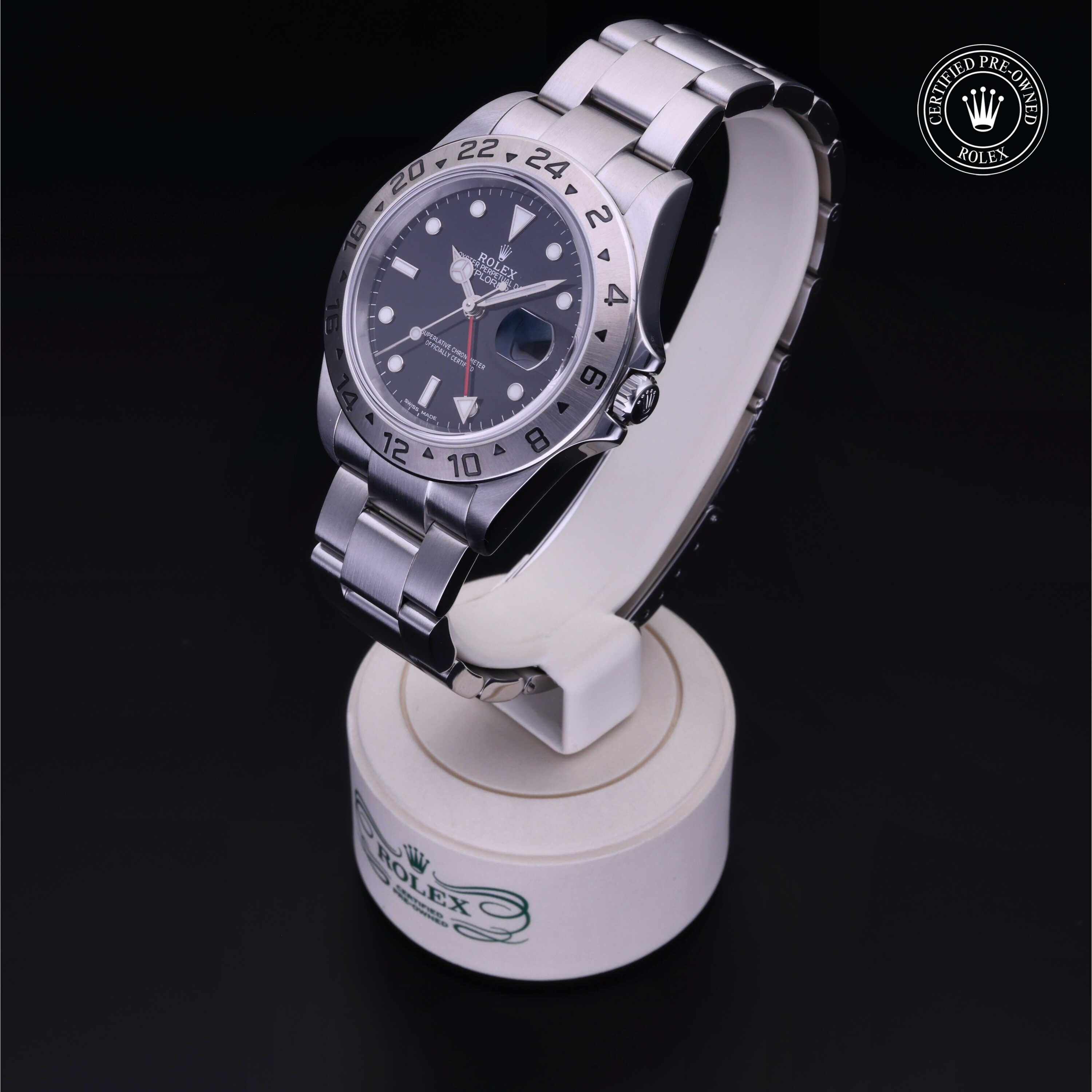 Rolex Certified Pre-owned Explorer M16570-0005 front on black background