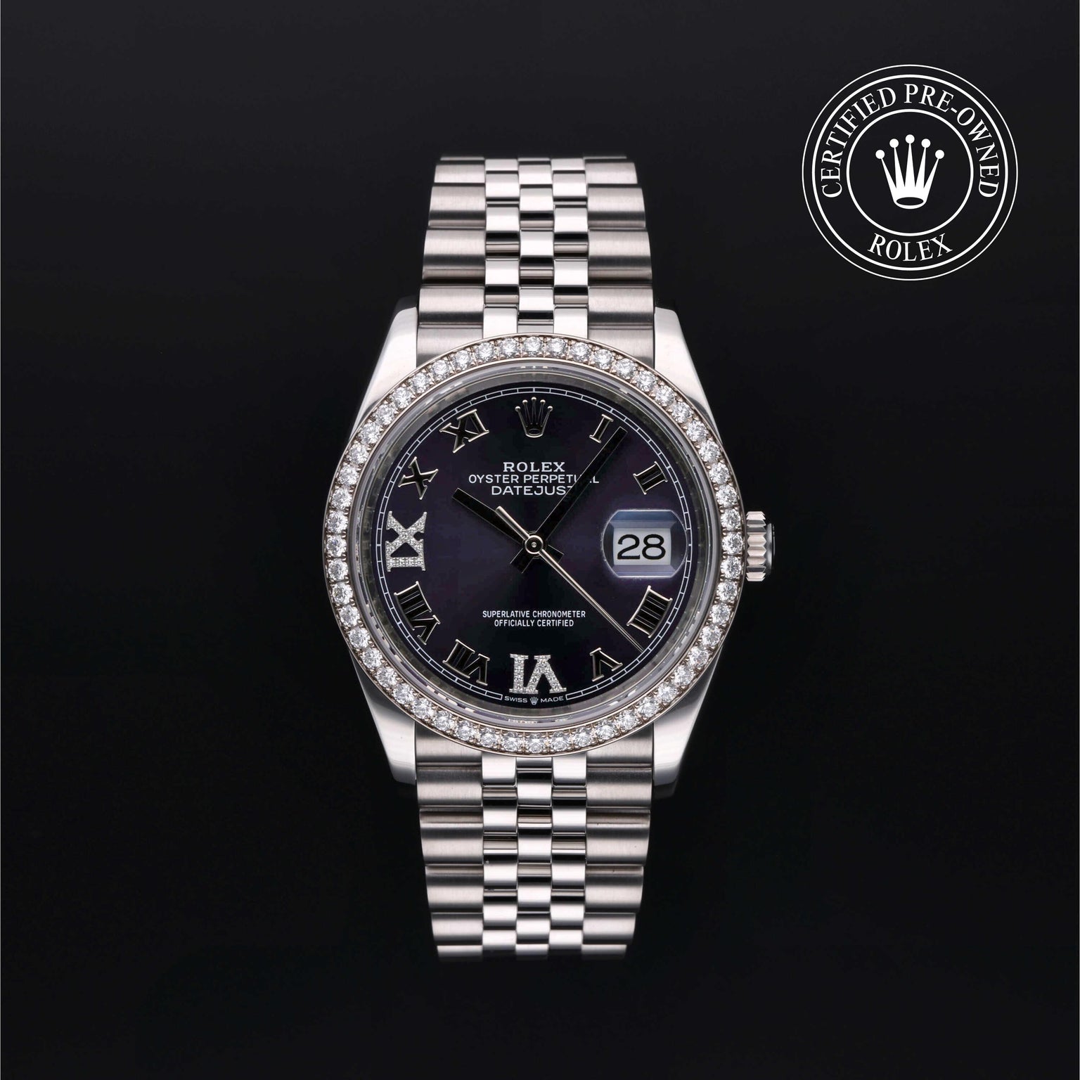 Rolex Certified Pre-owned Datejust M126284RBR-0013 front on black background