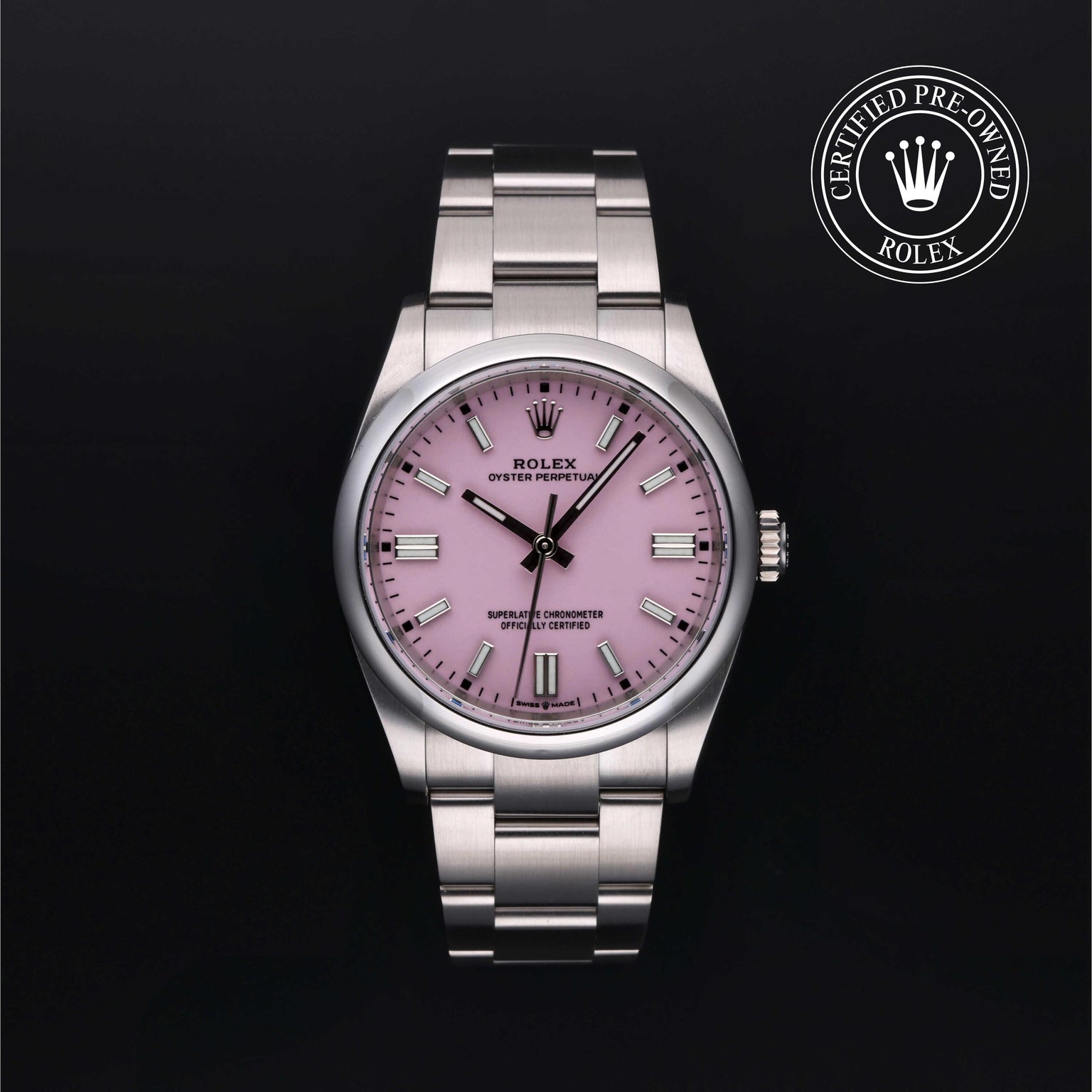 Rolex Certified Pre-owned Oyster Perpetual M126000-0008 front on black background