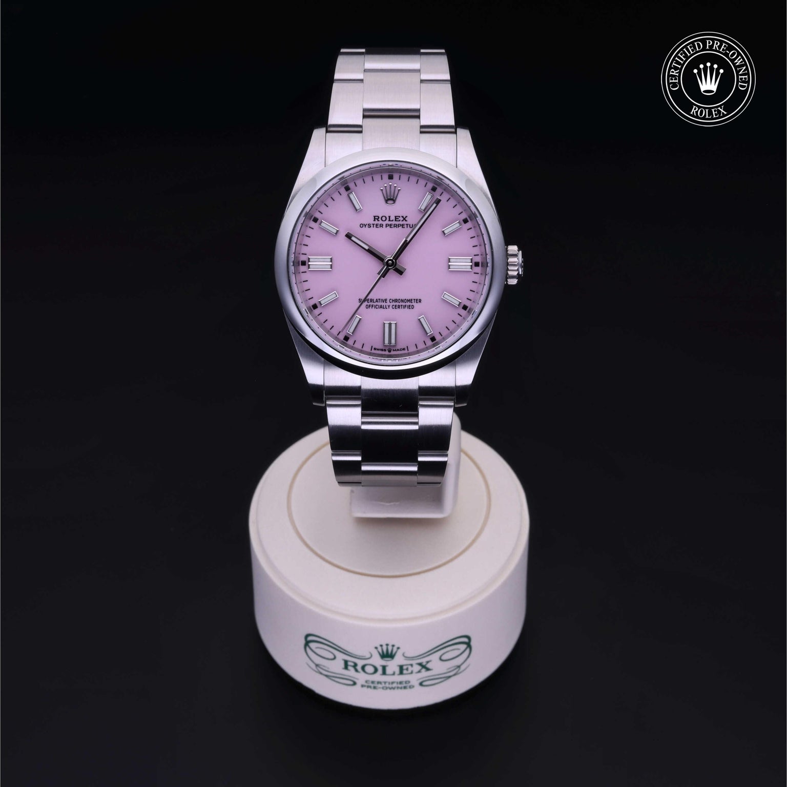 Rolex Certified Pre-owned Oyster Perpetual M126000-0008 front on black background