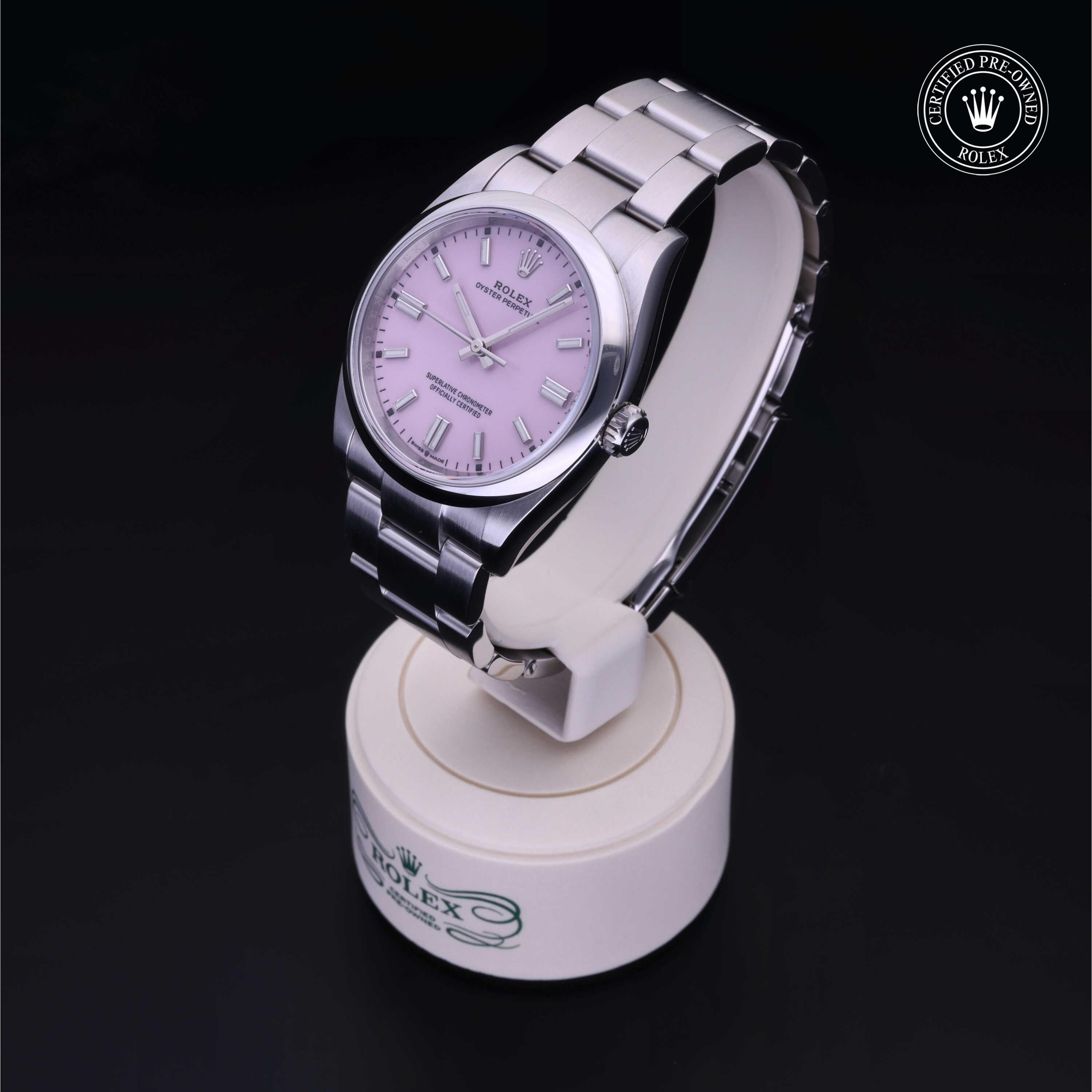 Rolex Certified Pre-owned Oyster Perpetual M126000-0008 front on black background