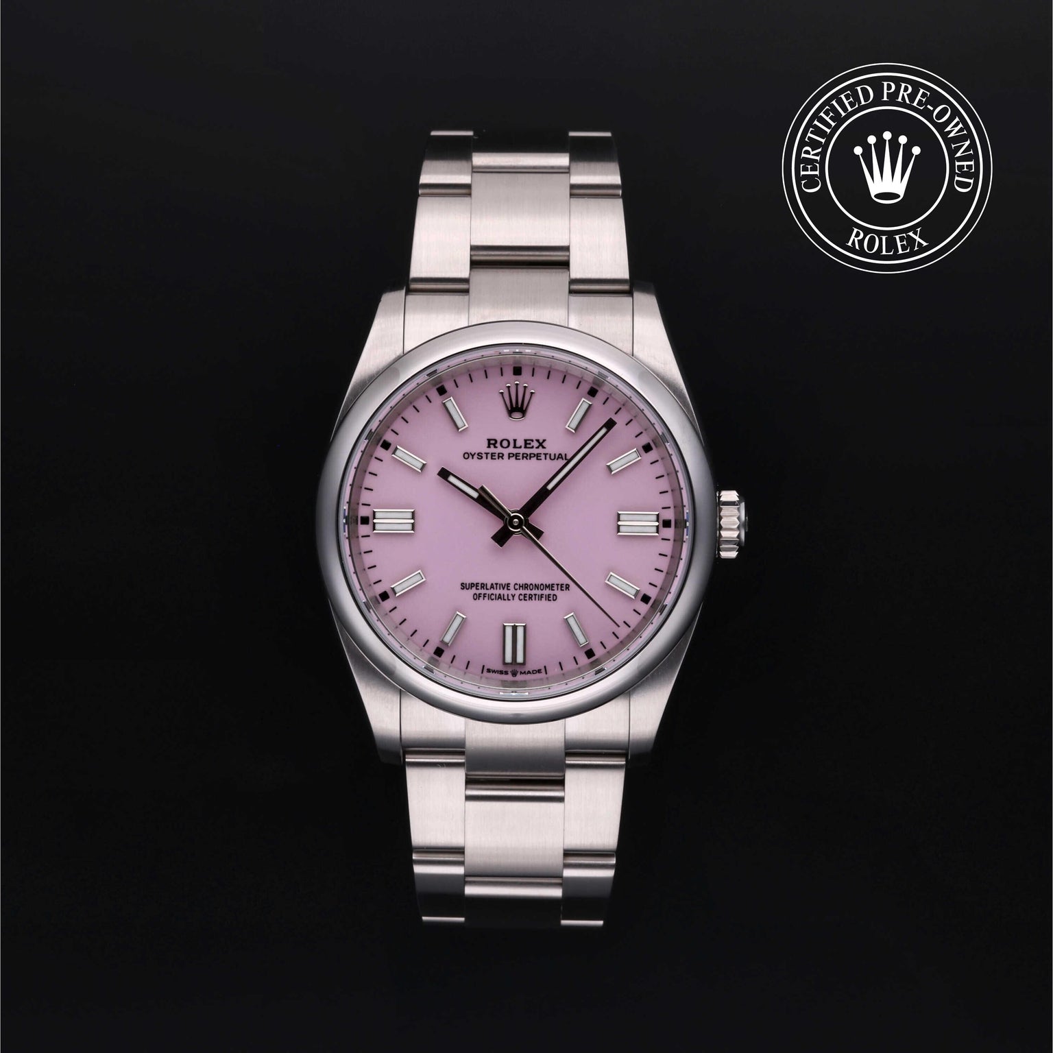 Rolex Certified Pre-owned Oyster Perpetual M126000-0008 front on black background