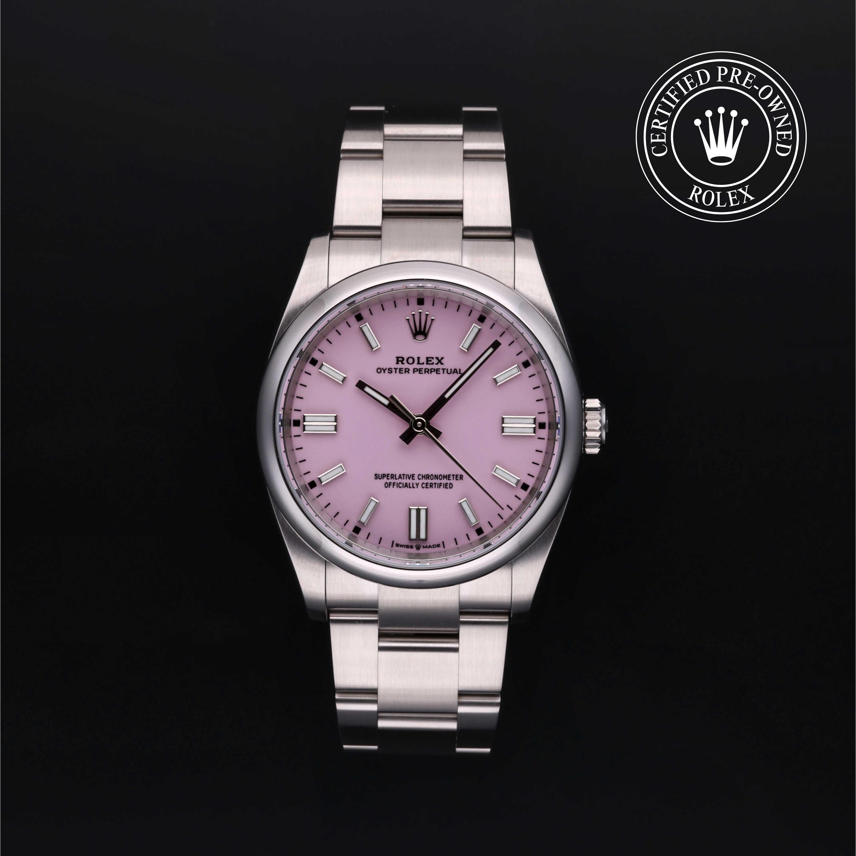Rolex Certified Pre-owned Oyster Perpetual M126000-0008 front on black background