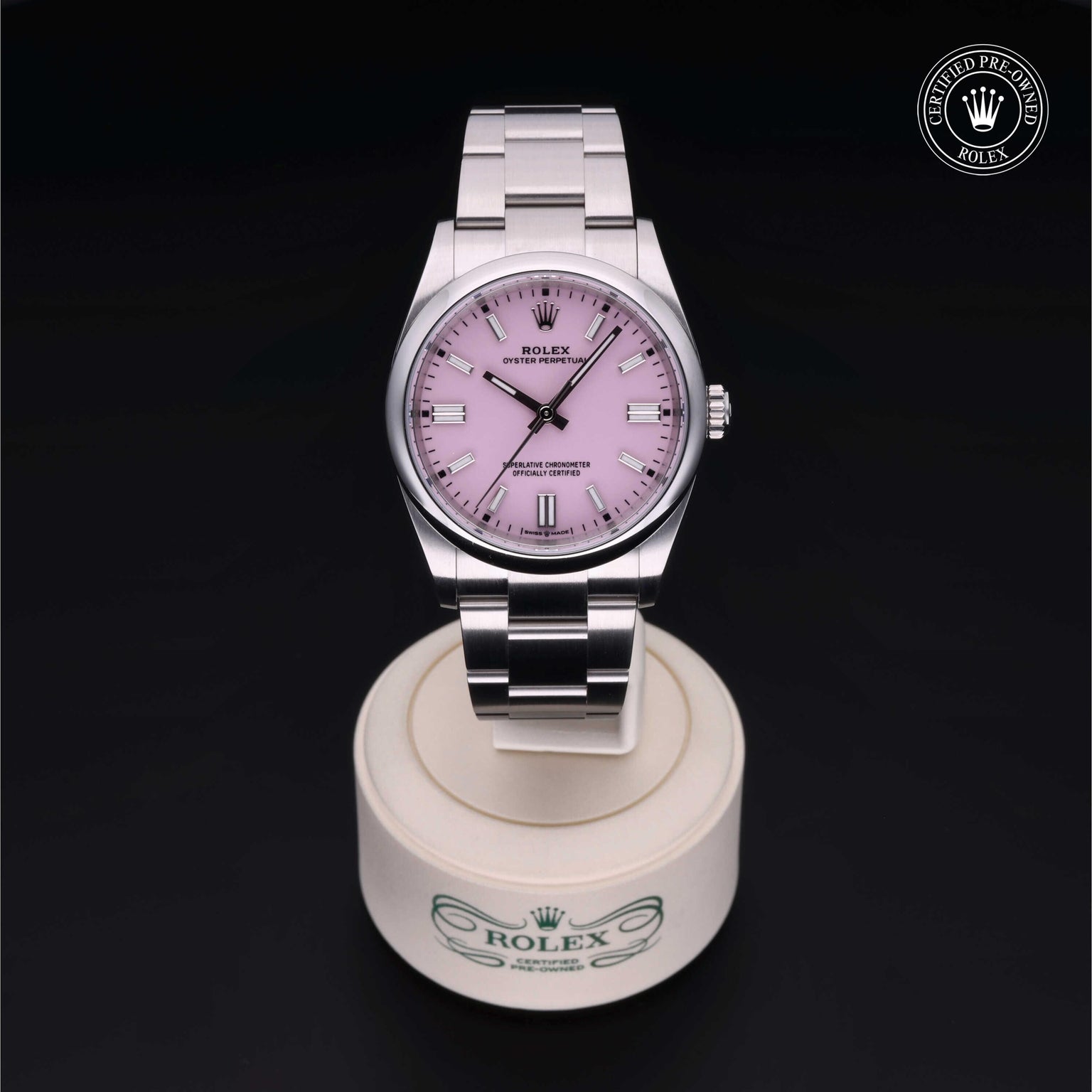 Rolex Certified Pre-owned Oyster Perpetual M126000-0008 front on black background