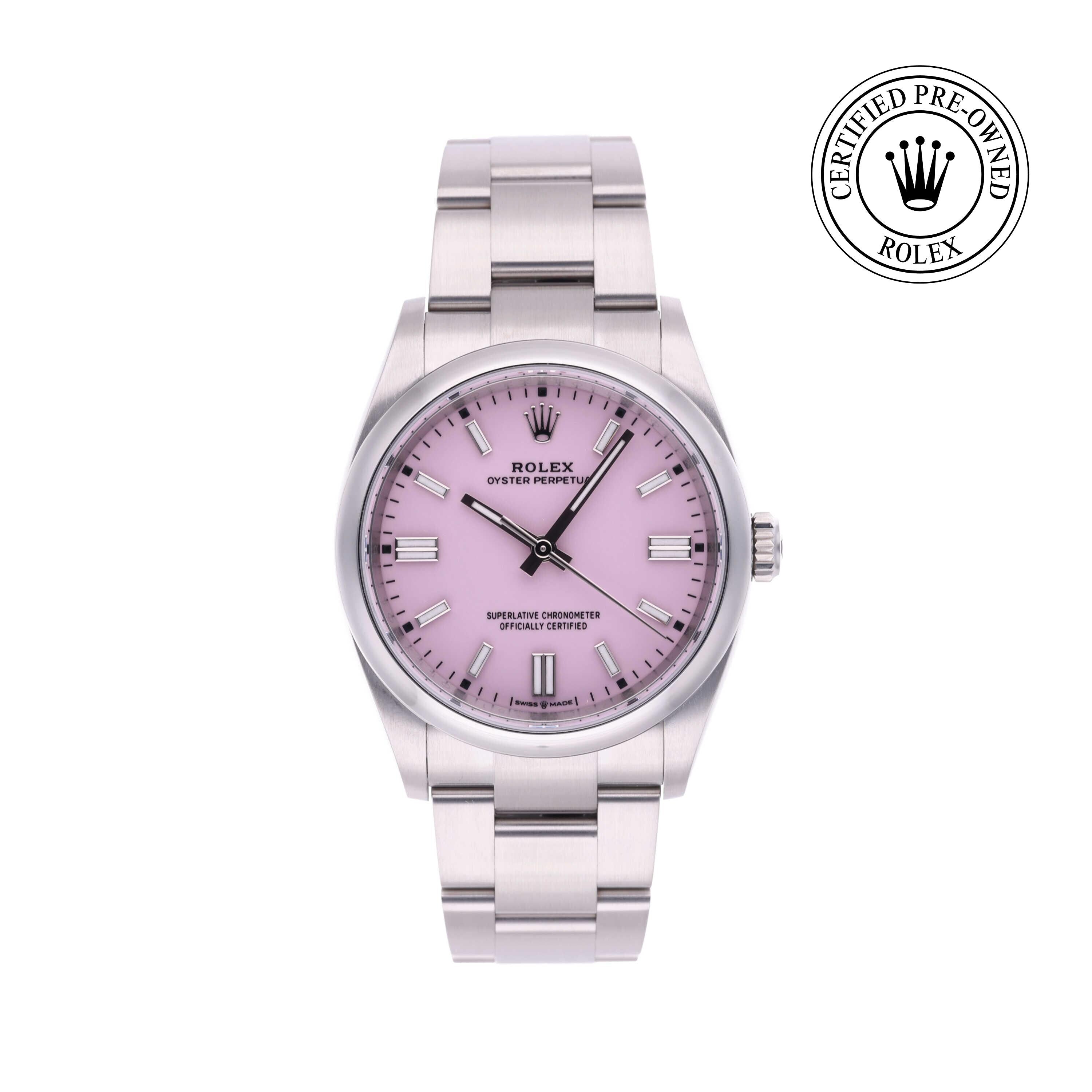 Rolex Certified Pre-owned Oyster Perpetual M126000-0008 front on white background
