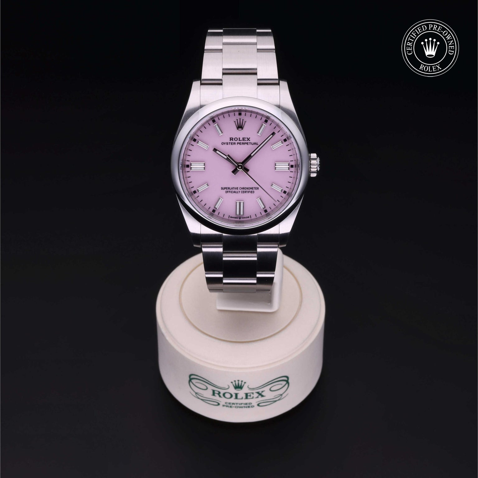 Rolex Certified Pre-owned Oyster Perpetual M126000-0008 front on black background