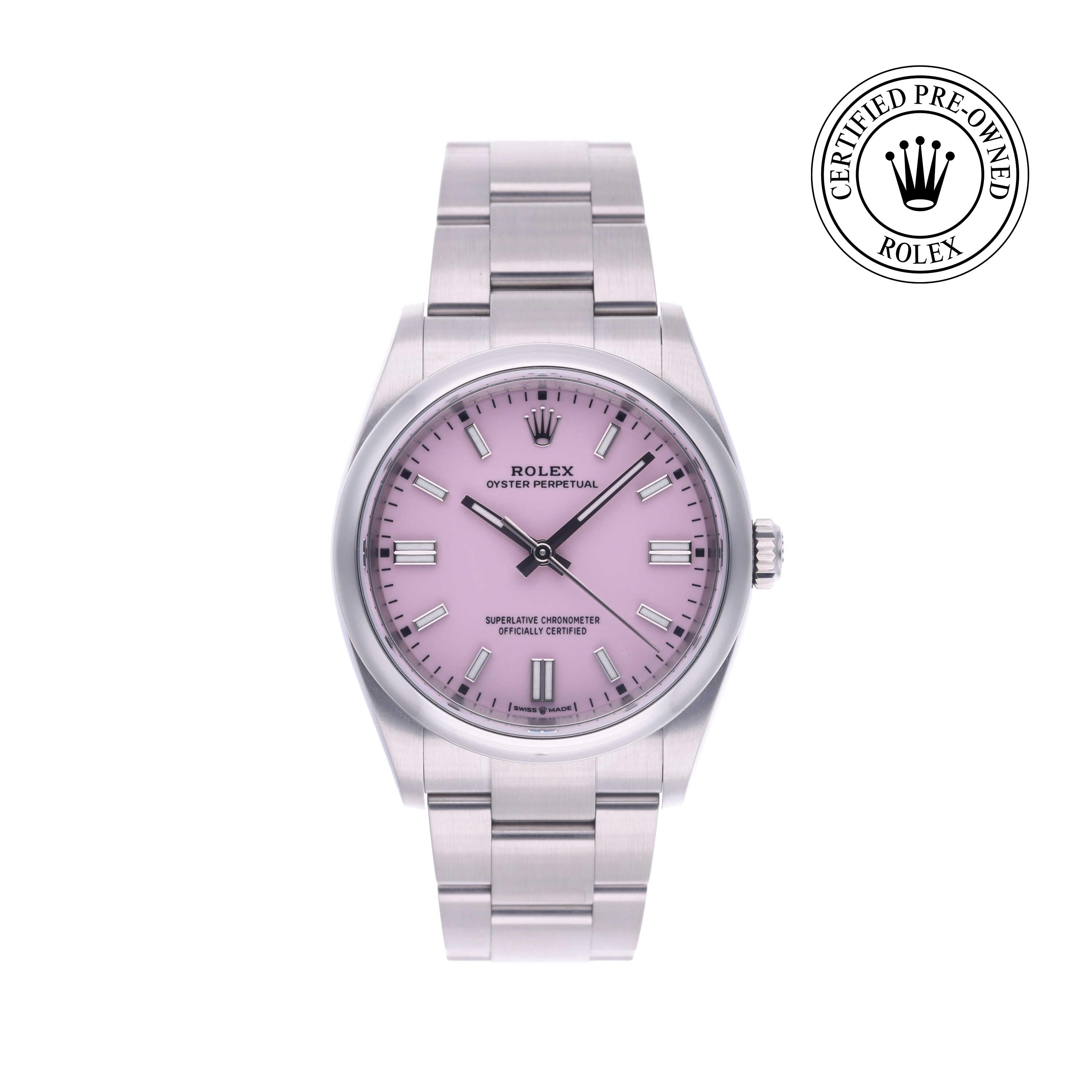 Rolex Certified Pre-owned Oyster Perpetual M126000-0008 front on white background