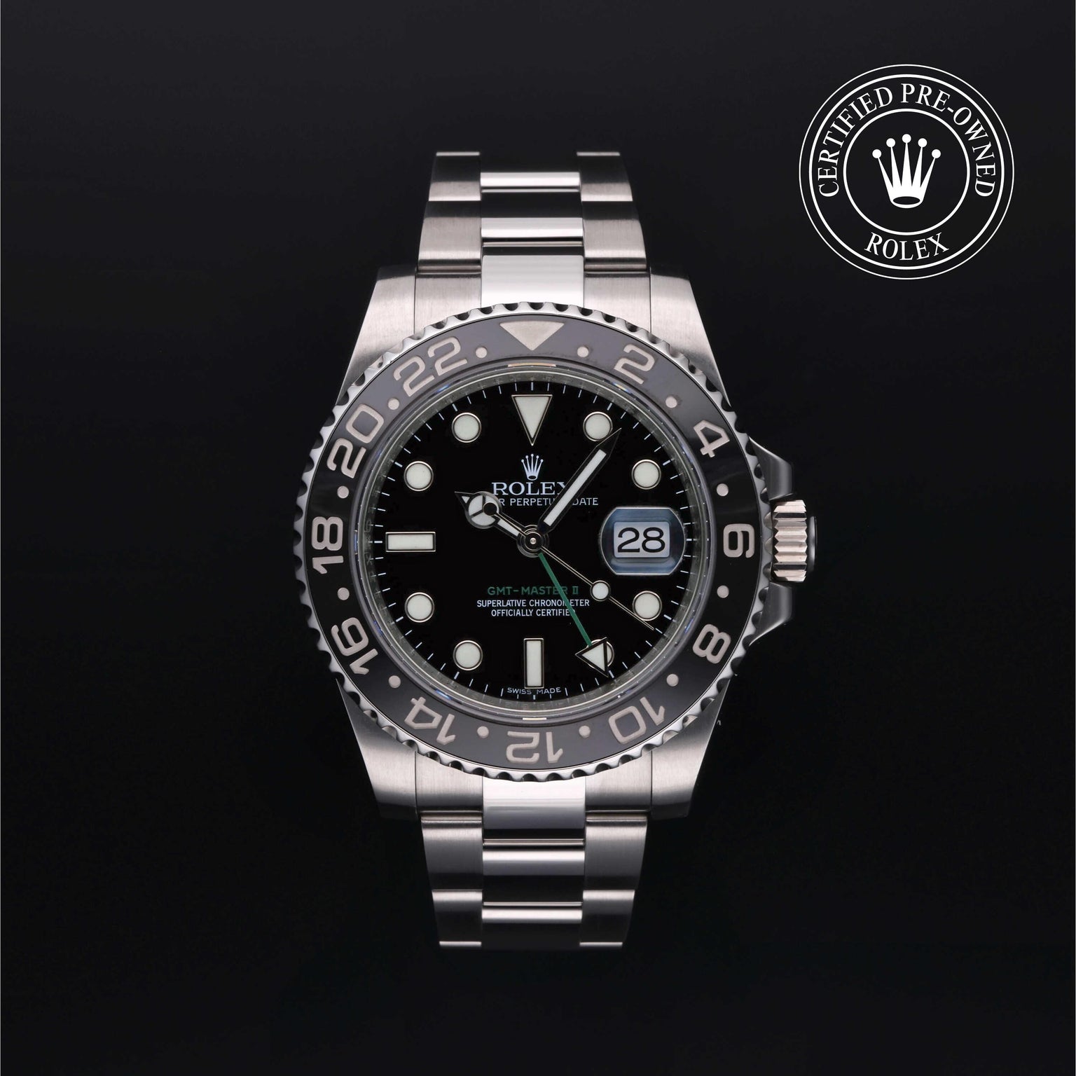 Rolex Certified Pre-owned GMT M116710LN-0001 front on black background