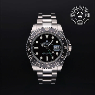 Rolex Certified Pre-owned GMT M116710LN-0001 front on black background