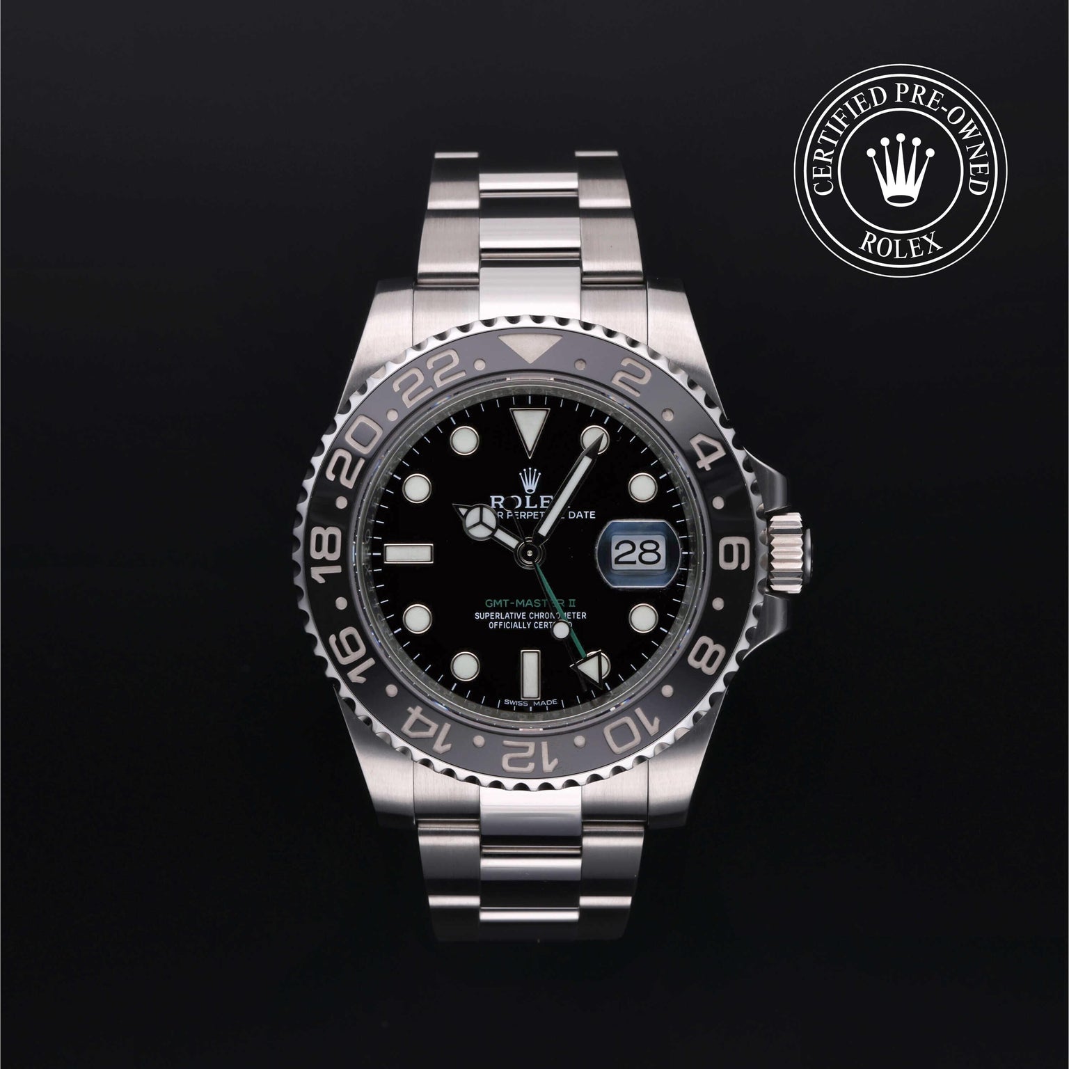Rolex Certified Pre-owned GMT M116710LN-0001 front on black background