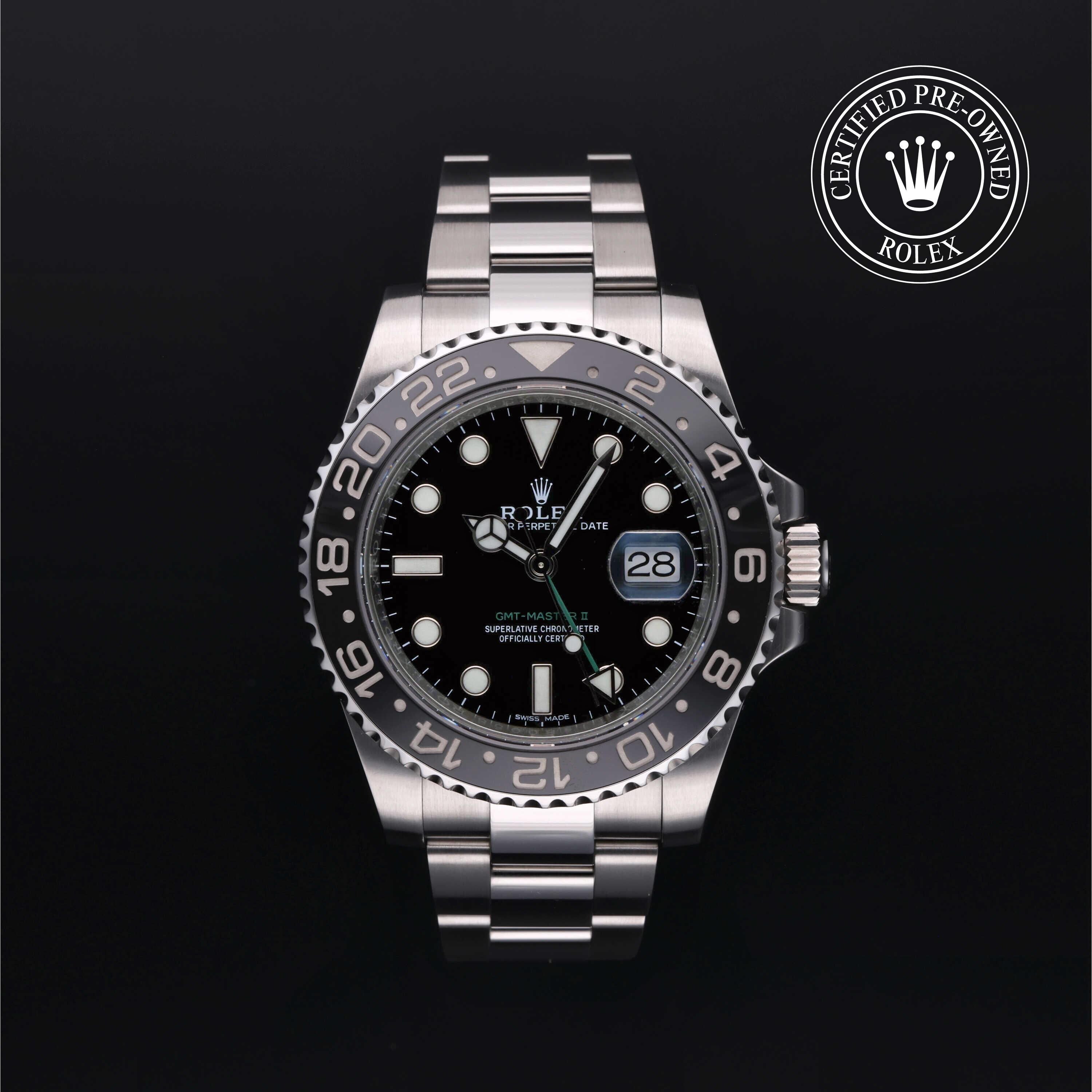 Rolex Certified Pre-owned GMT M116710LN-0001 front on black background