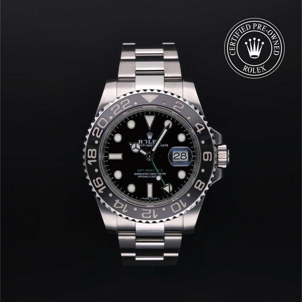 Rolex Certified Pre-owned GMT M116710LN-0001 front on black background