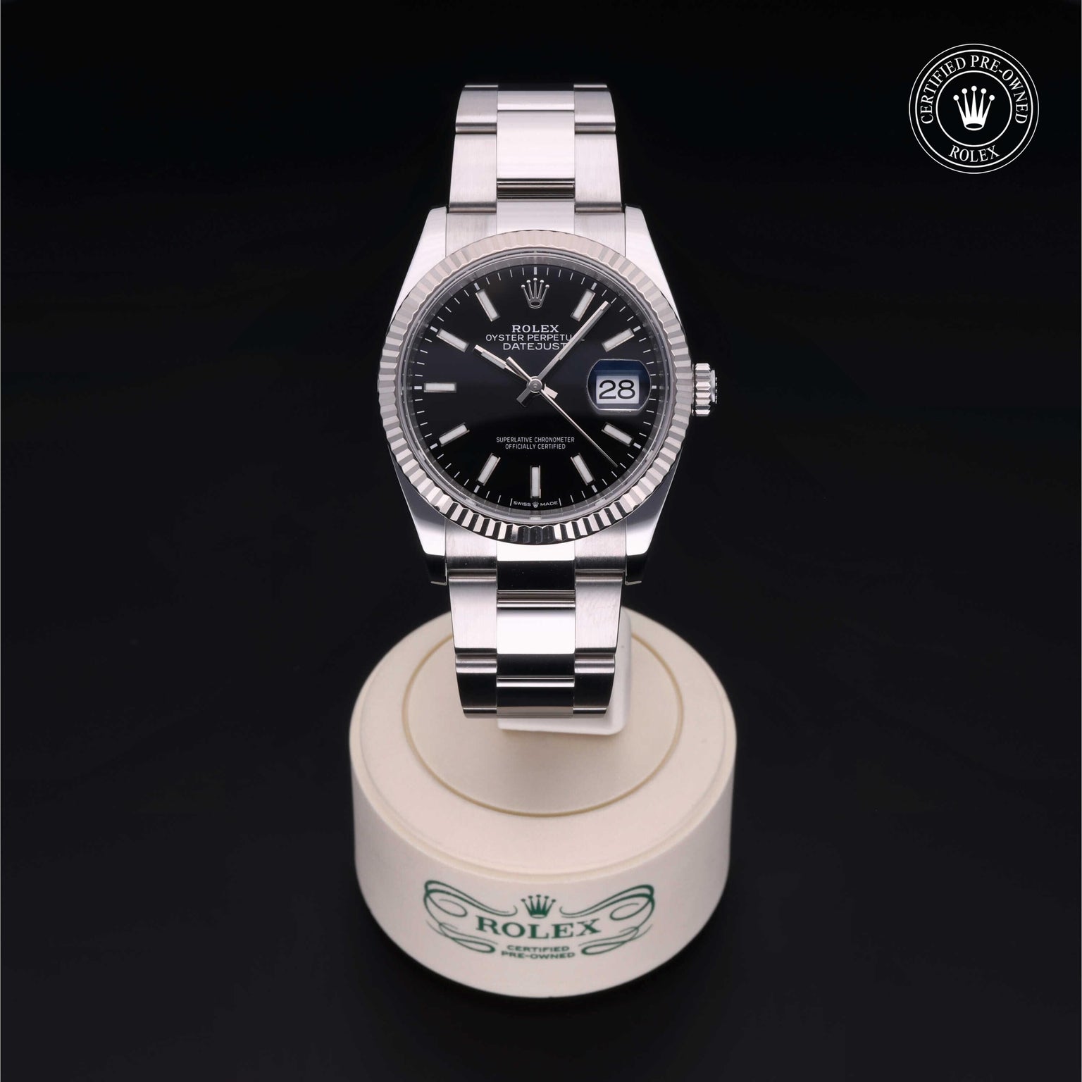 Rolex Certified Pre-owned Datejust M126234-0016 front on black background