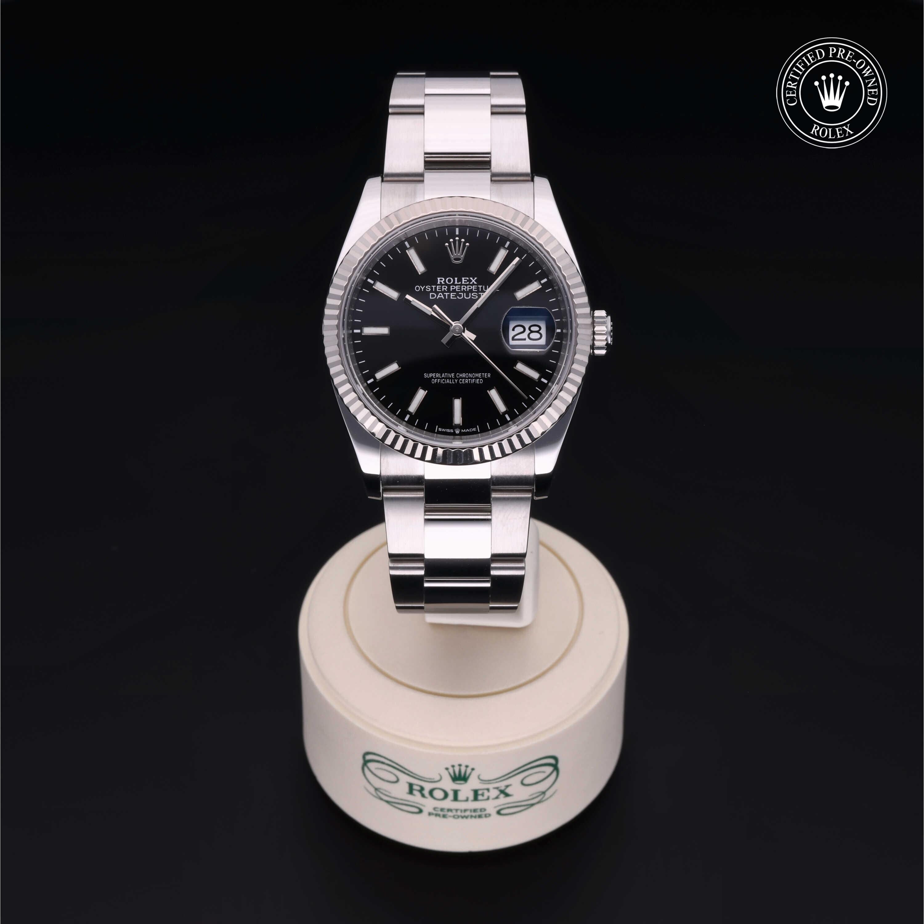 Rolex Certified Pre-owned Datejust M126234-0016 front on black background