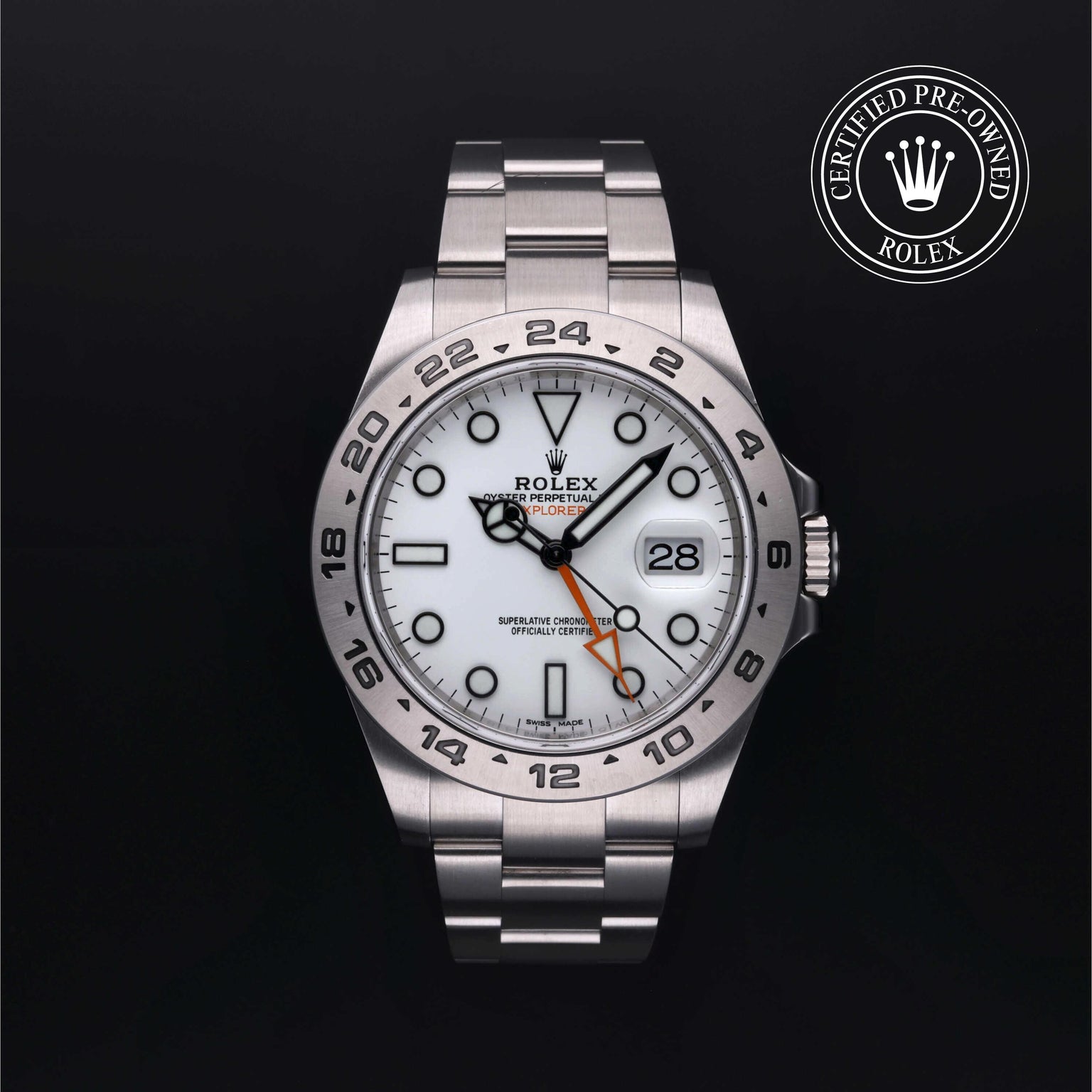 Rolex Certified Pre-owned Explorer II M216570-0001 front on black background