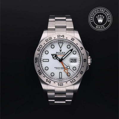 Rolex Certified Pre-owned Explorer II M216570-0001 front on black background