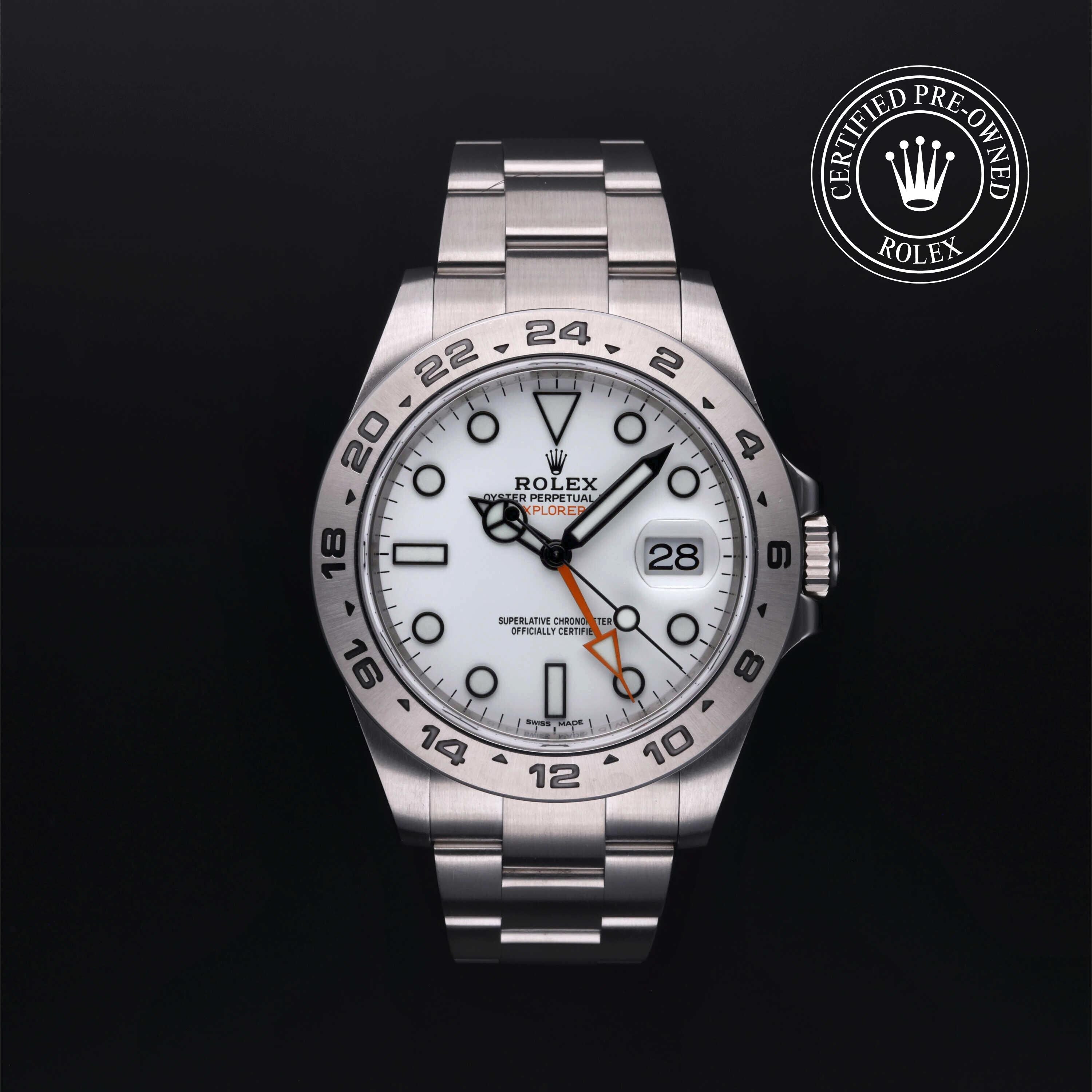 Rolex Certified Pre-owned Explorer II M216570-0001 front on black background