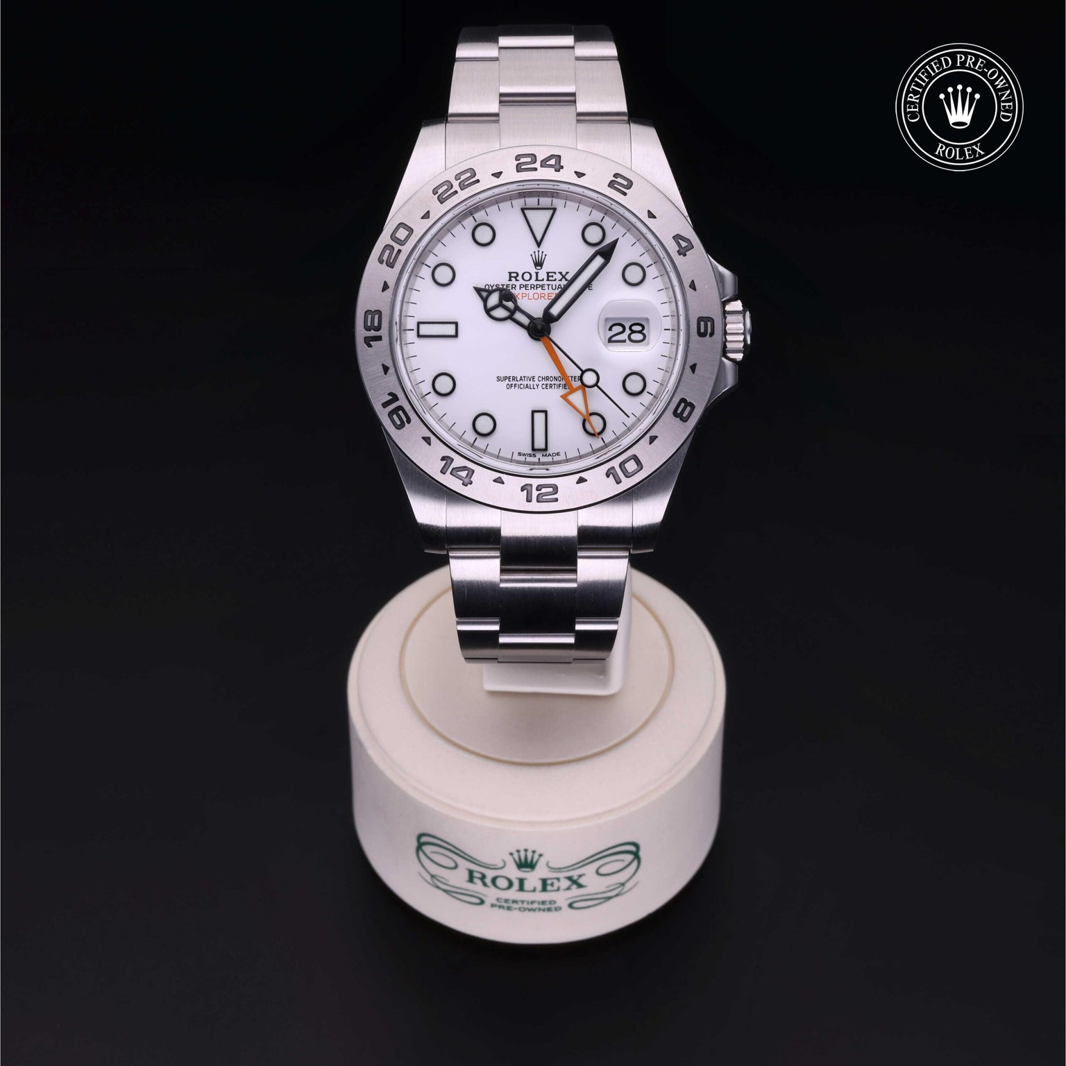 Rolex Certified Pre-owned Explorer II M216570-0001 front on black background