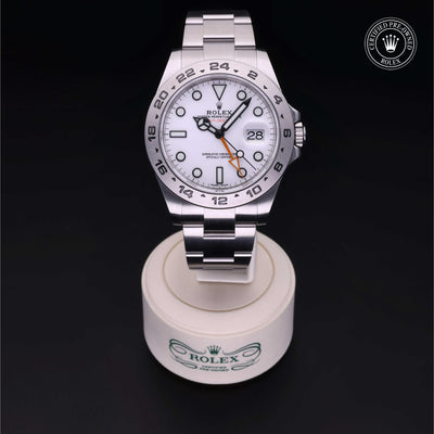 Rolex Certified Pre-owned Explorer II M216570-0001 front on black background